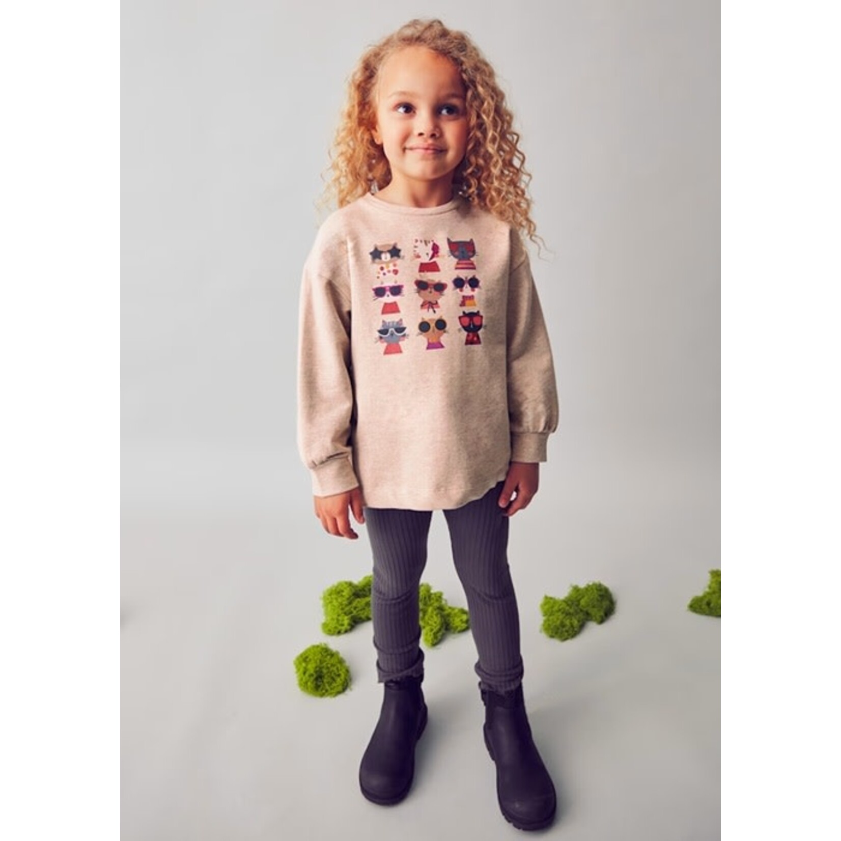 Mayoral MAYORAL - 2-piece set - Beige long-sleeved sweater with cat pattern and dark gray leggings