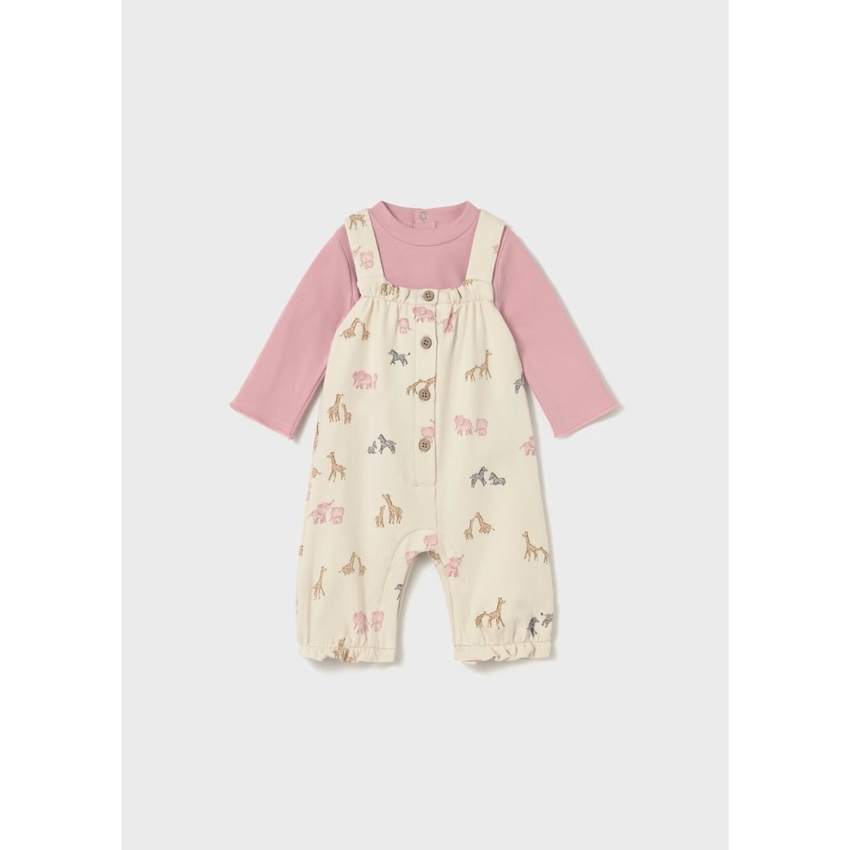 Mayoral MAYORAL - Overalls with Savannah Animals and Pink Long Sleeve Shirt