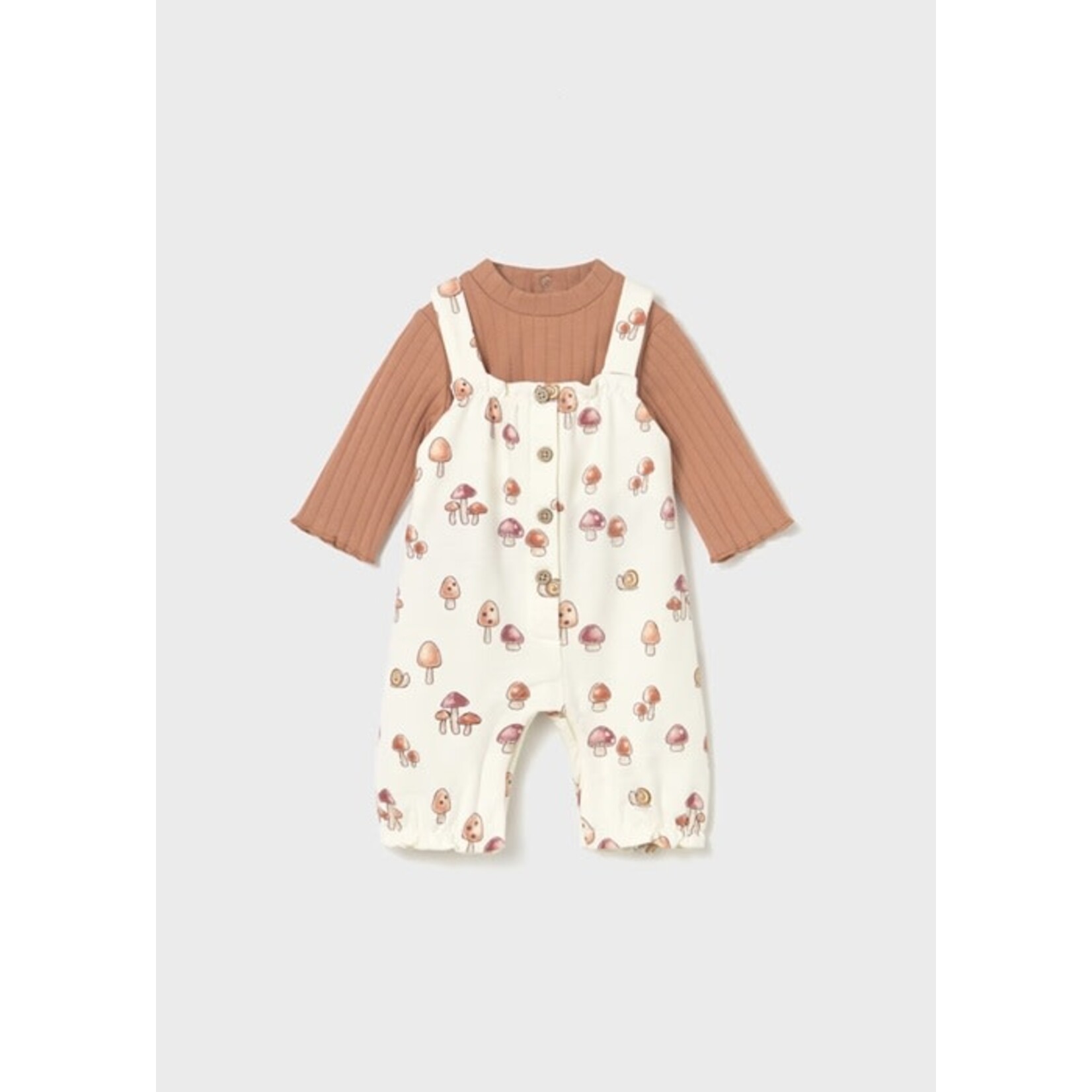 Mayoral MAYORAL - Set of overalls with mushrooms and snails and long-sleeved cinnamon t-shirt