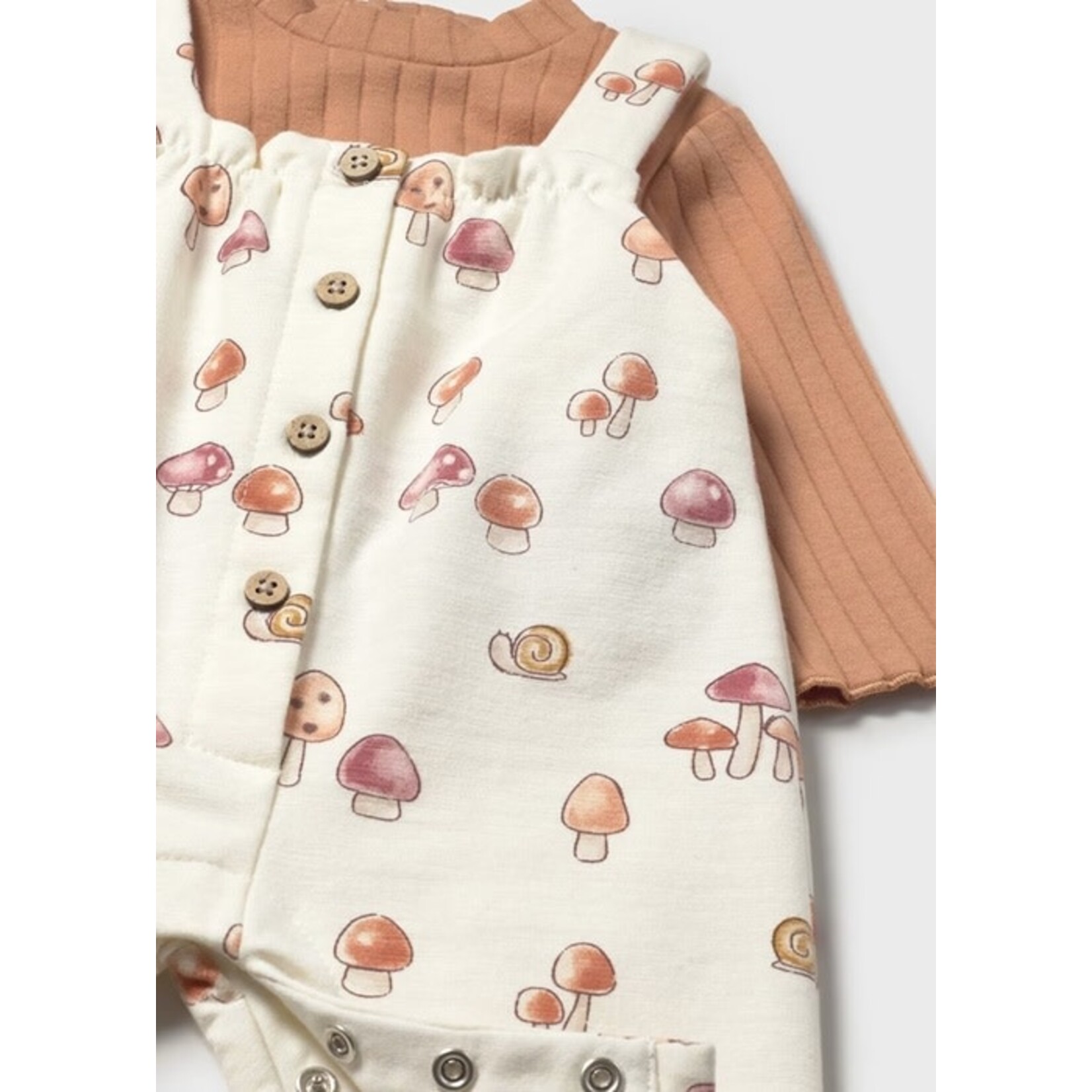 Mayoral MAYORAL - Set of overalls with mushrooms and snails and long-sleeved cinnamon t-shirt