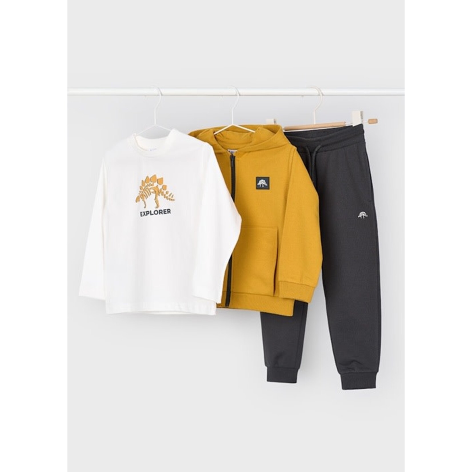 Mayoral MAYORAL - 3-piece set - Mustard Hoodie, White Long-Sleeved Dinosaur Print T-shirt and Dark Gray Jogging Bottoms