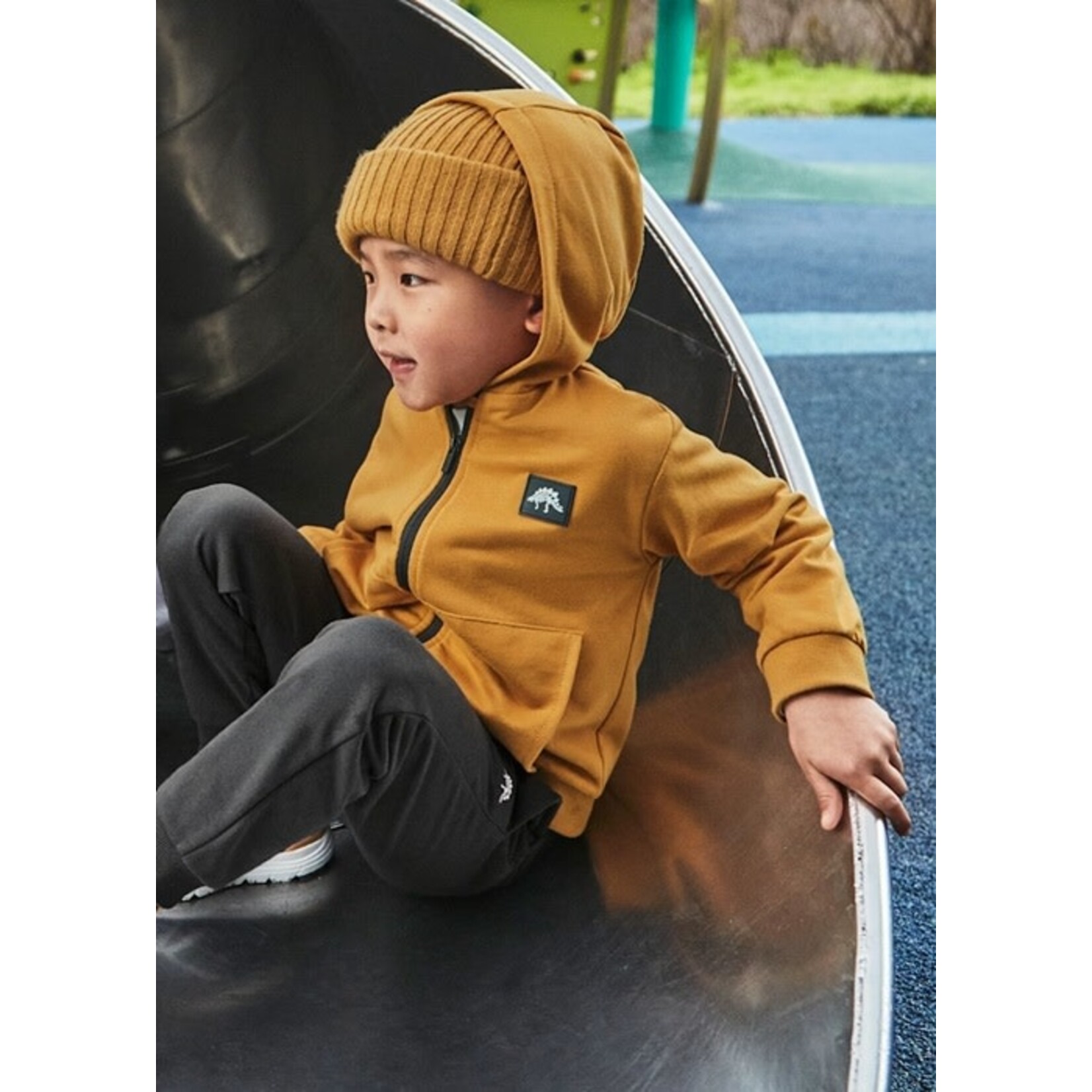 Mayoral MAYORAL - 3-piece set - Mustard Hoodie, White Long-Sleeved Dinosaur Print T-shirt and Dark Gray Jogging Bottoms