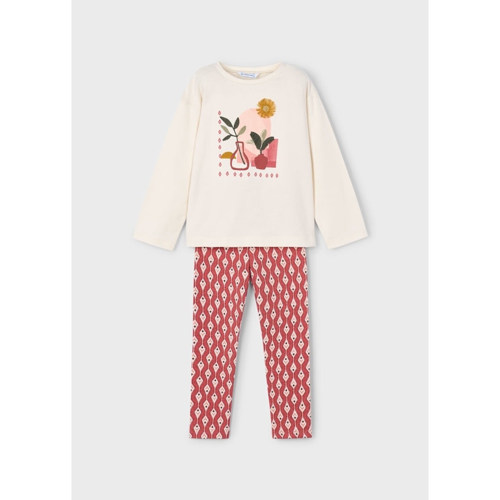 Mayoral MAYORAL - Ensemble 2 pièces - T-shirt blanc à manches longues avec broderies et legging rouge avec imprimé géométrique