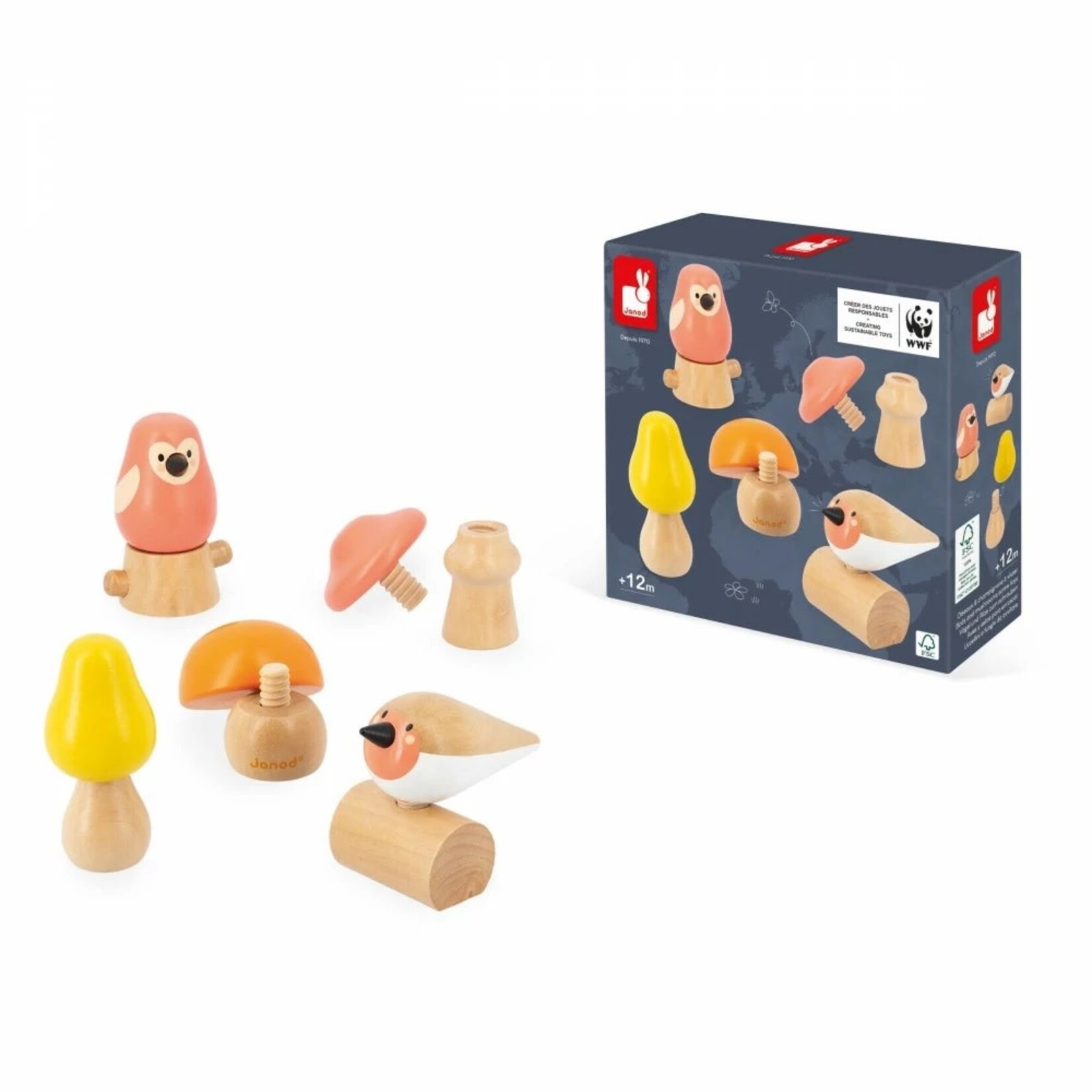 Janod JANOD - Birds and Mushrooms Screw Toys Set