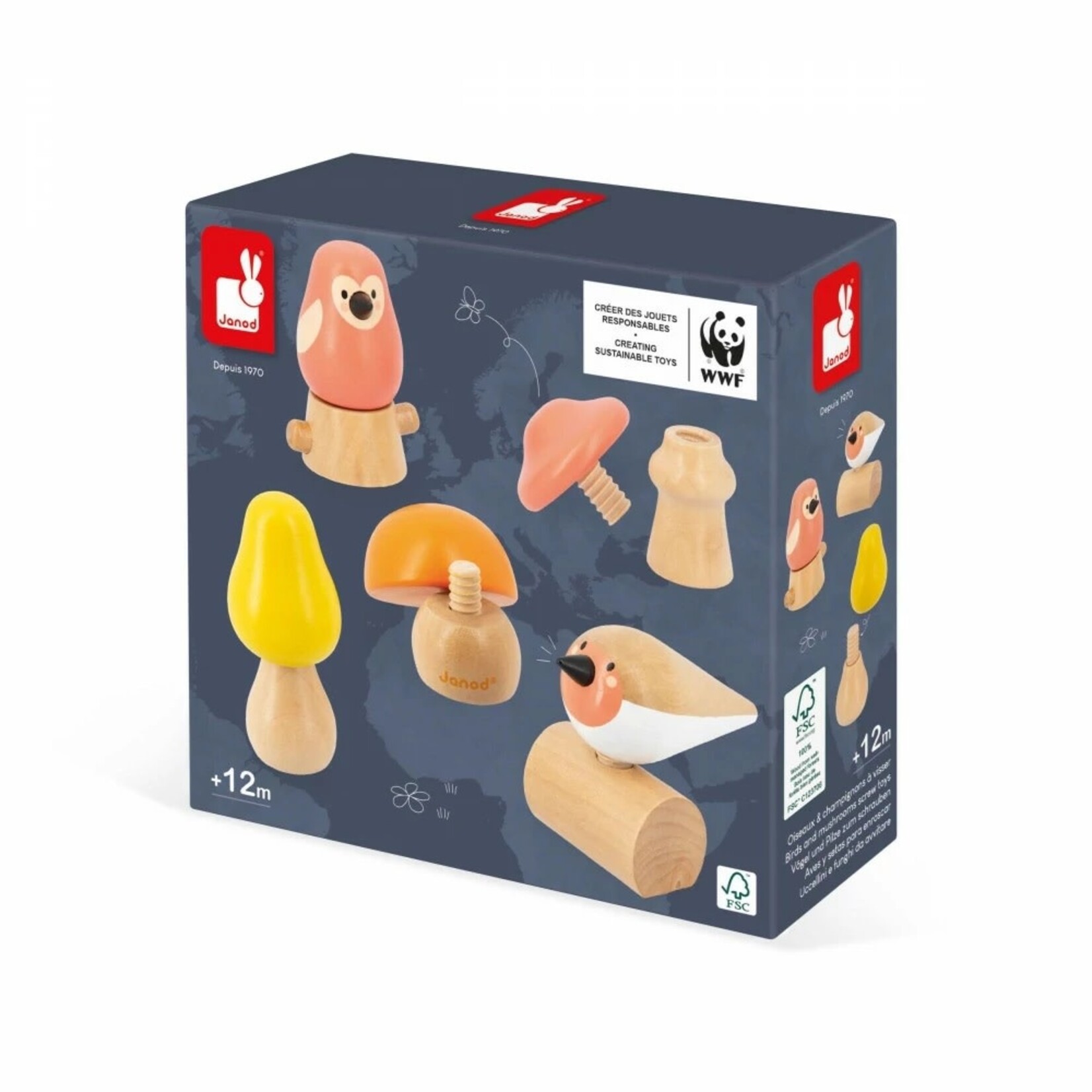 Janod JANOD - Birds and Mushrooms Screw Toys Set