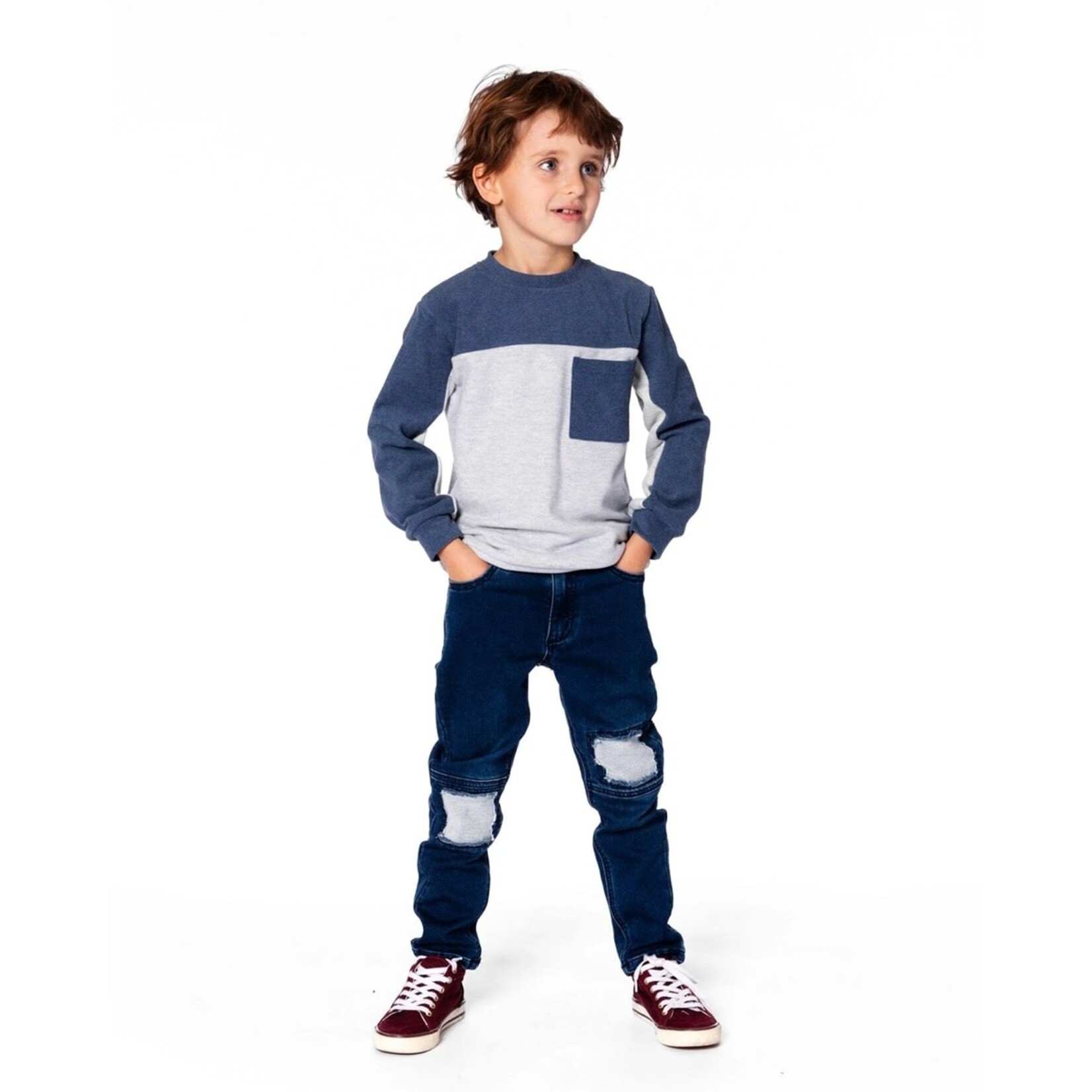 Deux par Deux DEUX PAR DEUX - Long Sleeve Super Soft Brushed Jersey Top Color Block Light Heather Gray