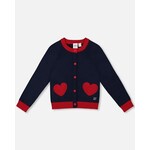 Deux par Deux DEUX PAR DEUX - Cardigan en tricot bleu foncé et rouge avec broderie de coeurs 'Tarte aux pommes'