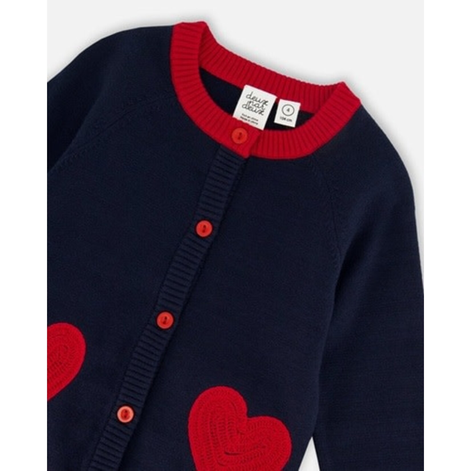 Deux par Deux DEUX PAR DEUX - Dark Blue and Red Knitted Cardigan with Heart Embroidery 'Tarte aux pommes'