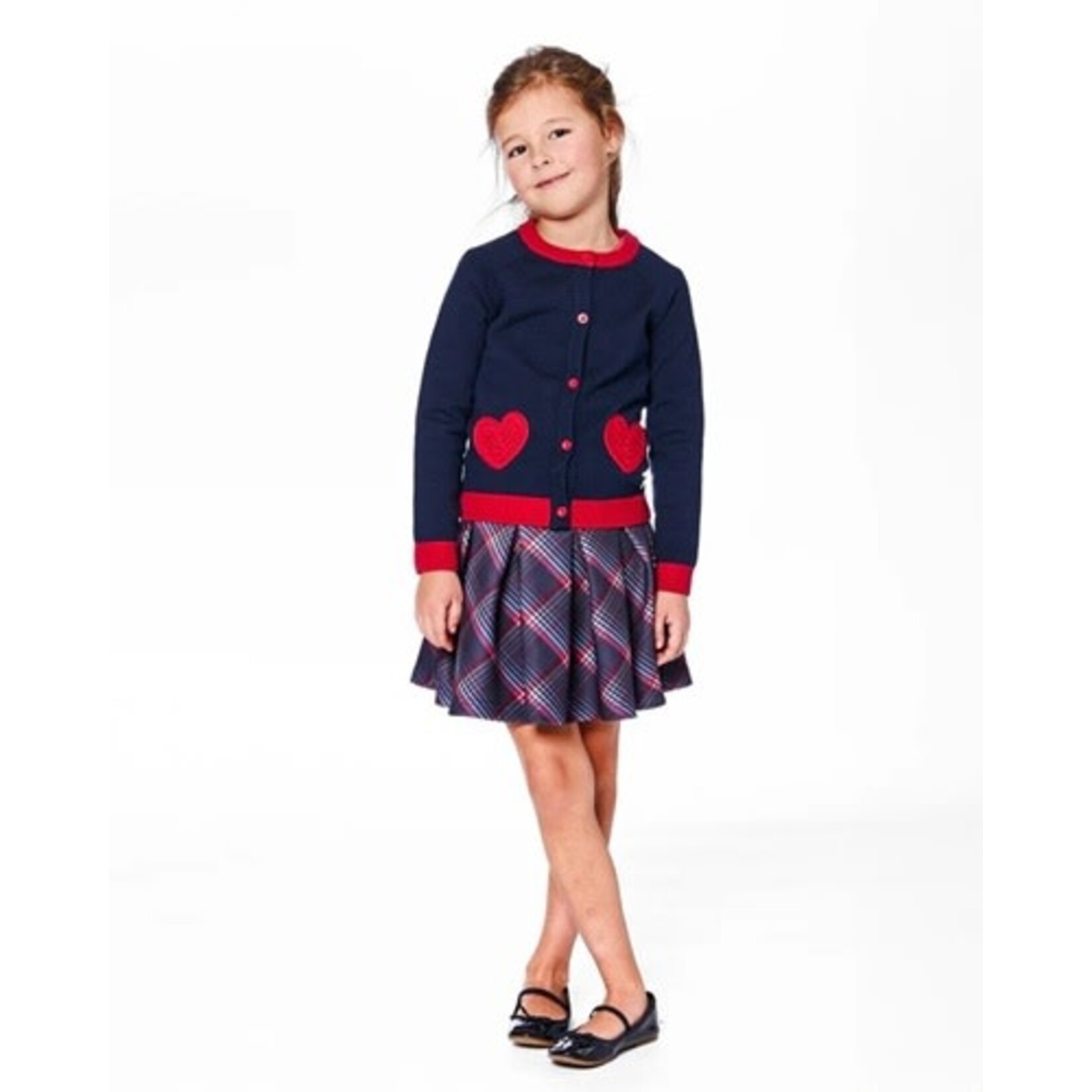 Deux par Deux DEUX PAR DEUX - Cardigan en tricot bleu foncé et rouge avec broderie de coeurs 'Tarte aux pommes'