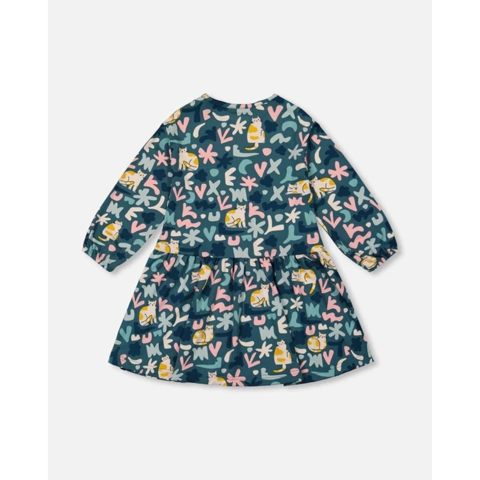 Deux par Deux DEUX PAR DEUX -  Jersey Dress with Green Cat Print 'Retour à l'école'