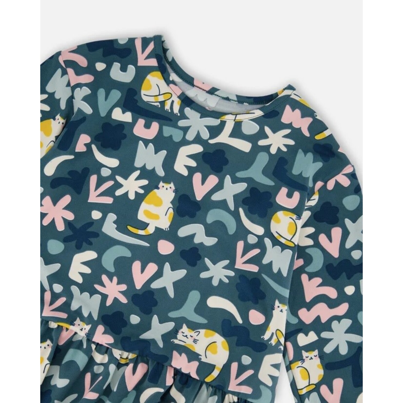 Deux par Deux DEUX PAR DEUX -  Jersey Dress with Green Cat Print 'Retour à l'école'