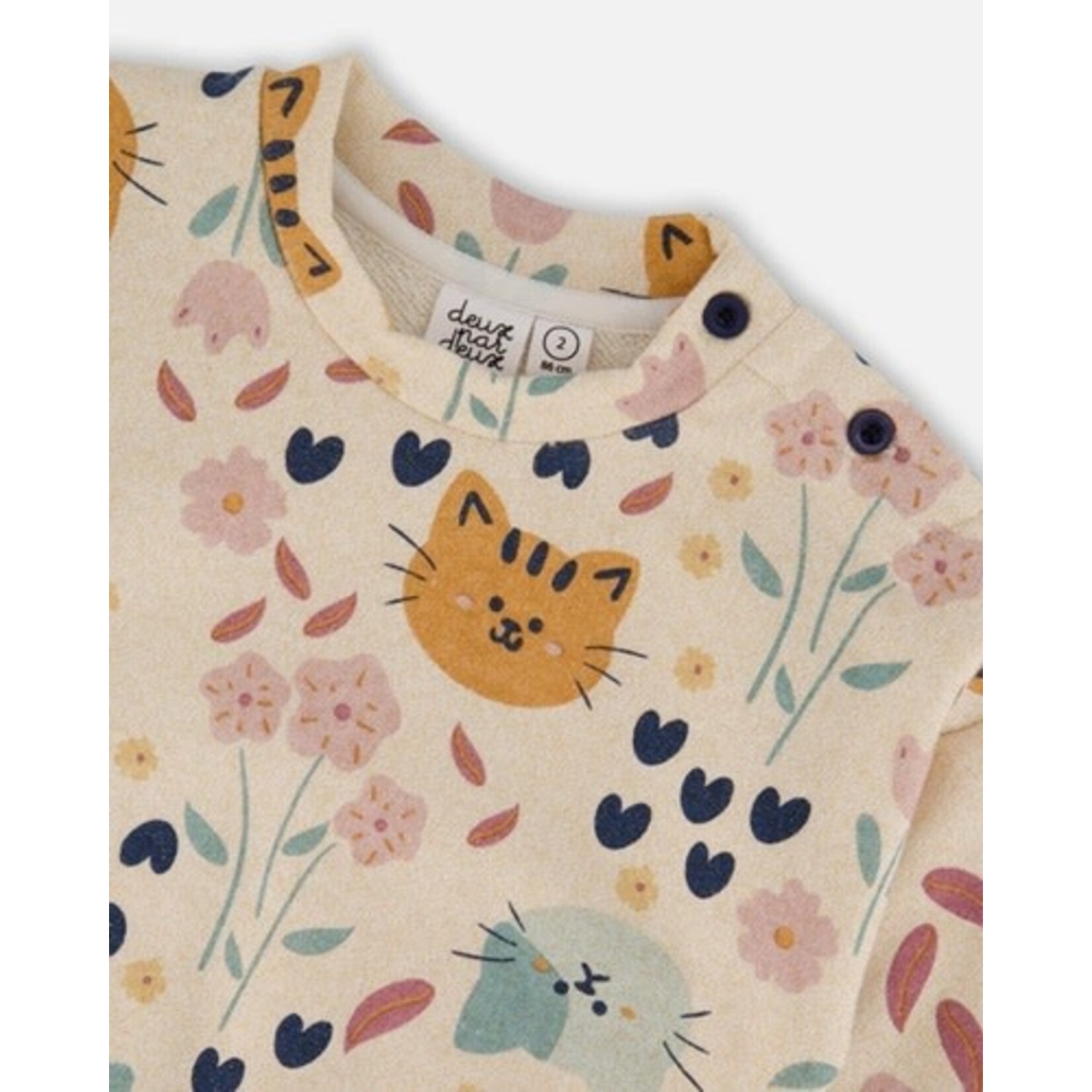 Deux par Deux  DEUX PAR DEUX - Shimmery Fleece Sweater with Flower and Cat Pattern 'Chatouille'
