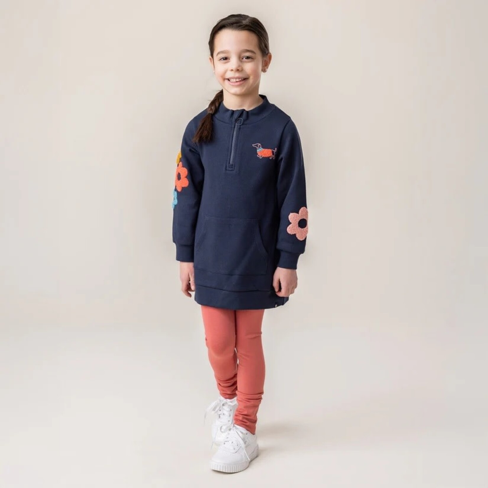 Nanö NANÖ - Navy Tunic with Tufted Flowers and Dachshund 'Balade automnale'