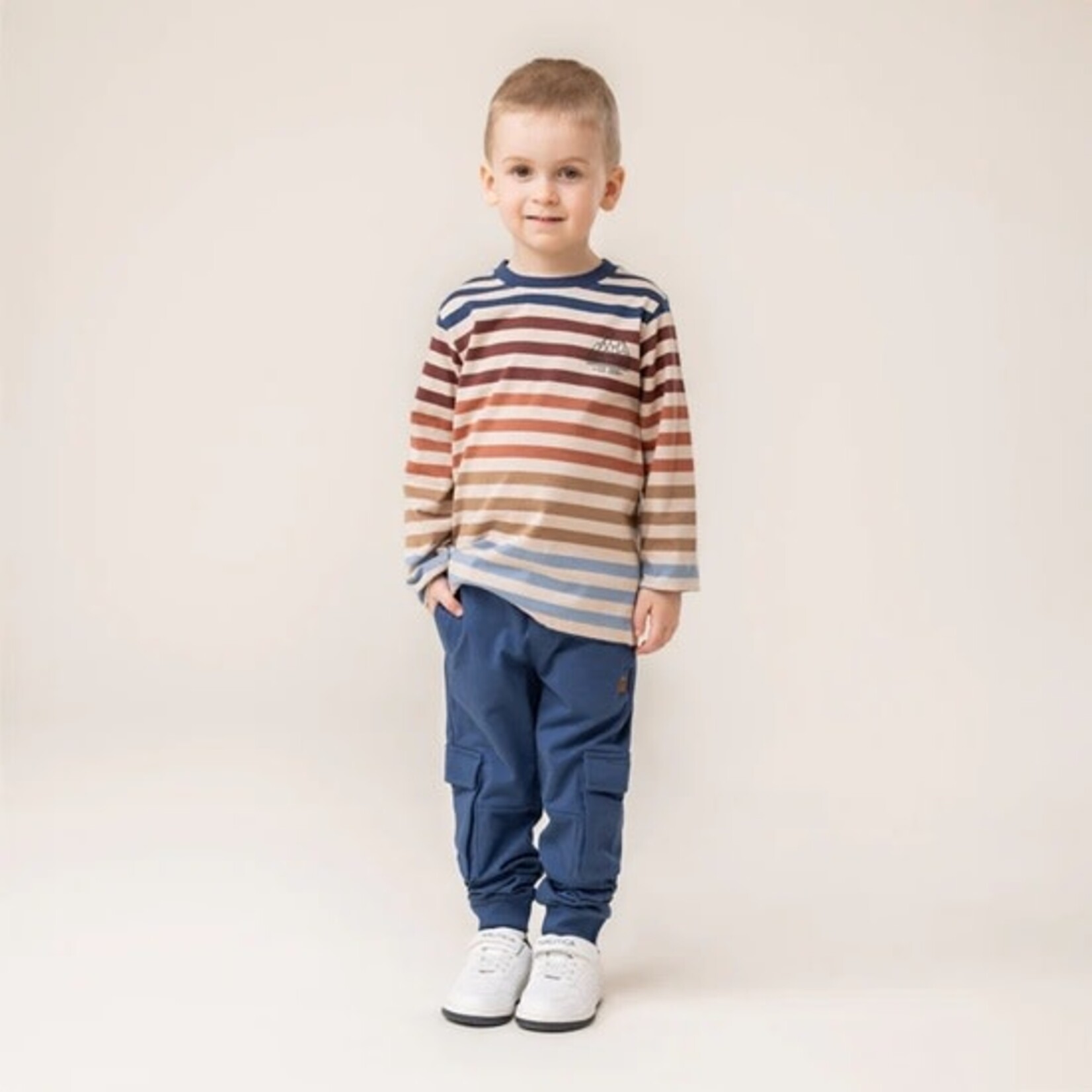 Nanö NANÖ - Beige long-sleeved T-shirt with colorful stripes and print 'Glacier'
