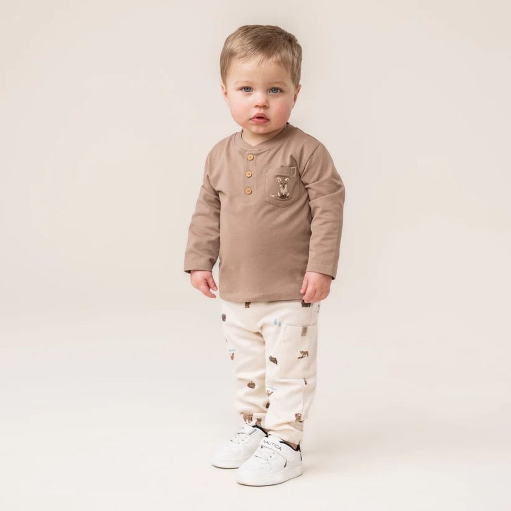 Nanö NANÖ - Ensemble 2 morceaux - T-shirt à manches longues bruns et pantalon côtelé avec imprimé Renard