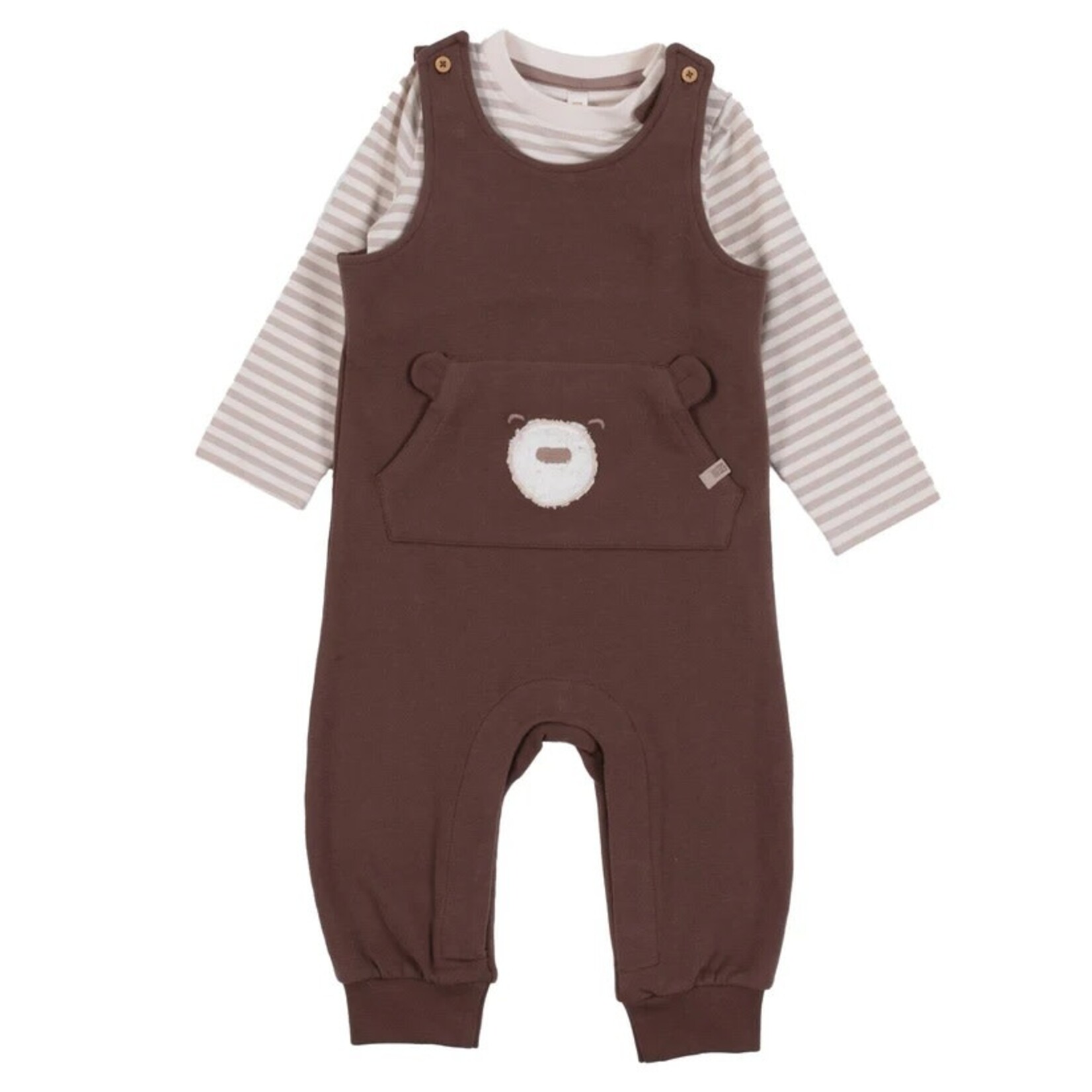 Nanö NANÖ - 2-piece set - Striped long-sleeved bodysuit and brown overalls with bear pocket