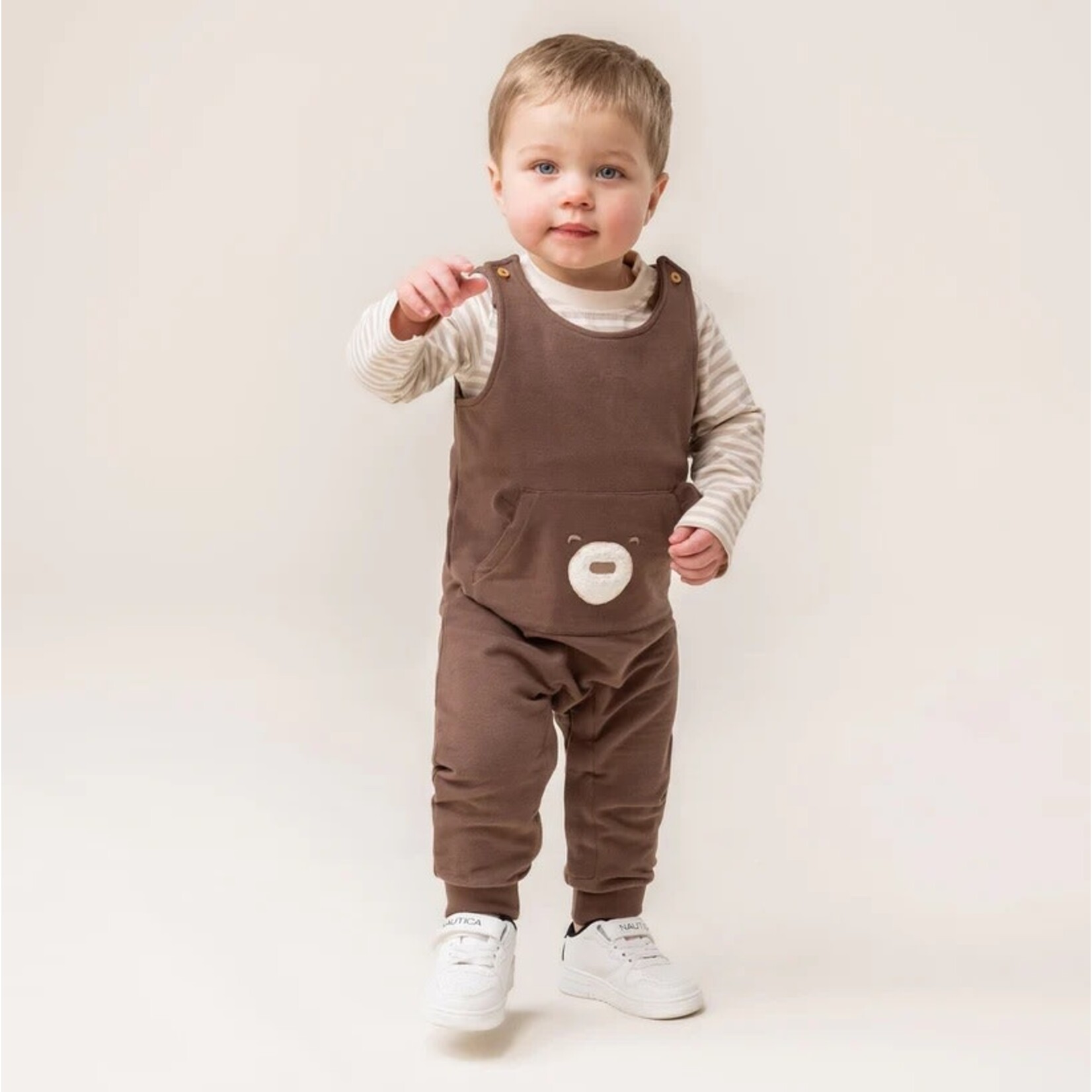 Nanö NANÖ - 2-piece set - Striped long-sleeved bodysuit and brown overalls with bear pocket
