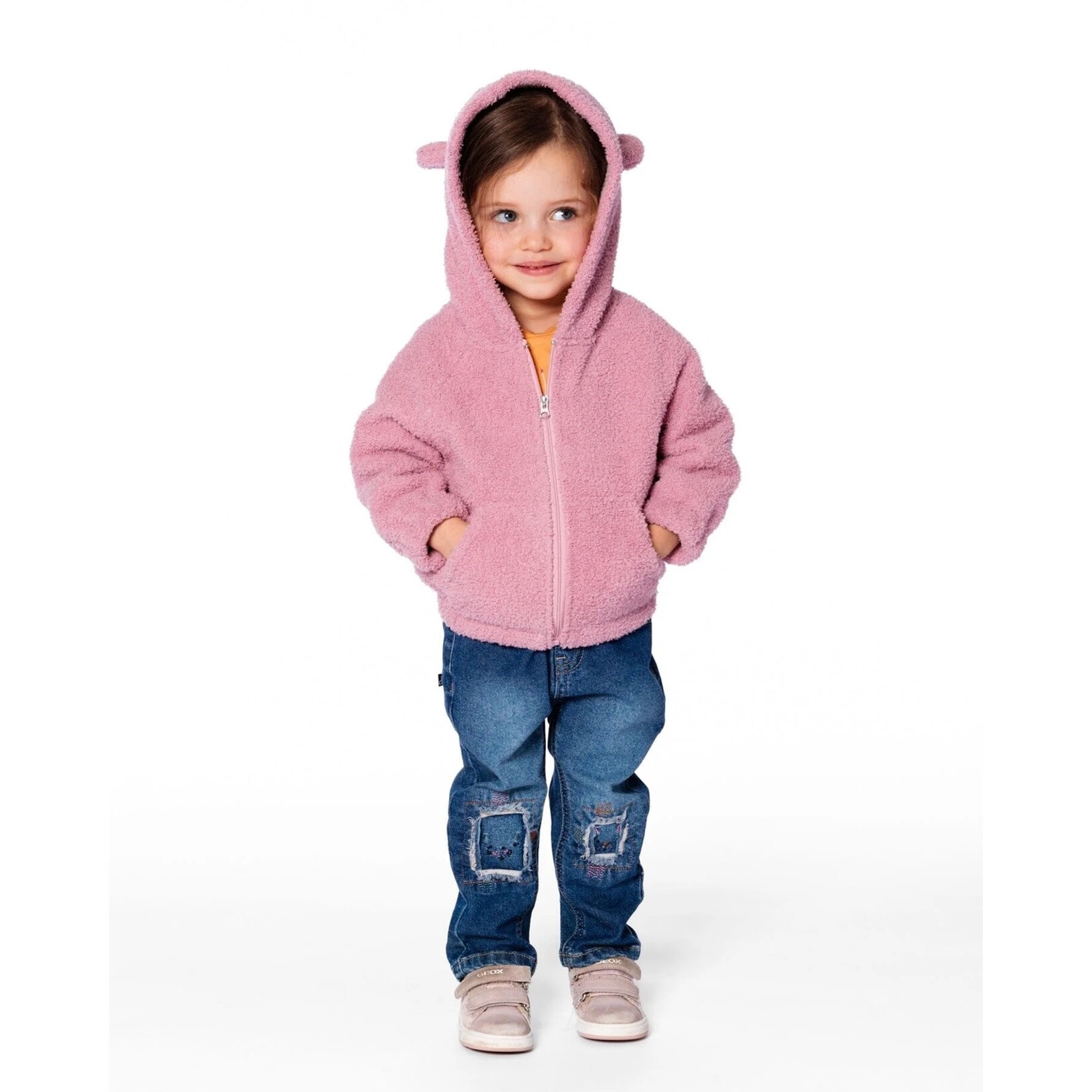 Deux par Deux DEUX PAR DEUX - Veste chat zippée en peluche avec capuchon vieux rose 'Chatouille'