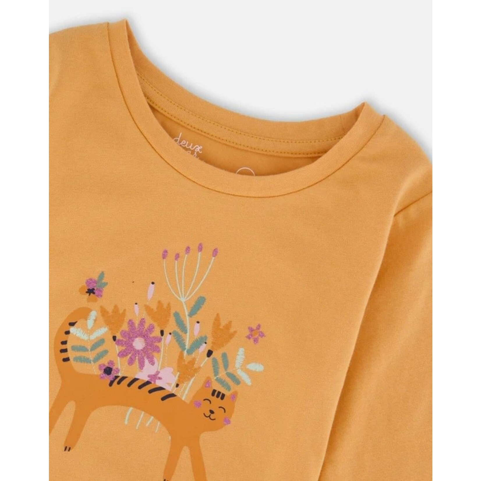 Deux par Deux DEUX PAR DEUX - T-shirt jaune à manches longues doré avec chat en coton biologique 'Chatouille'