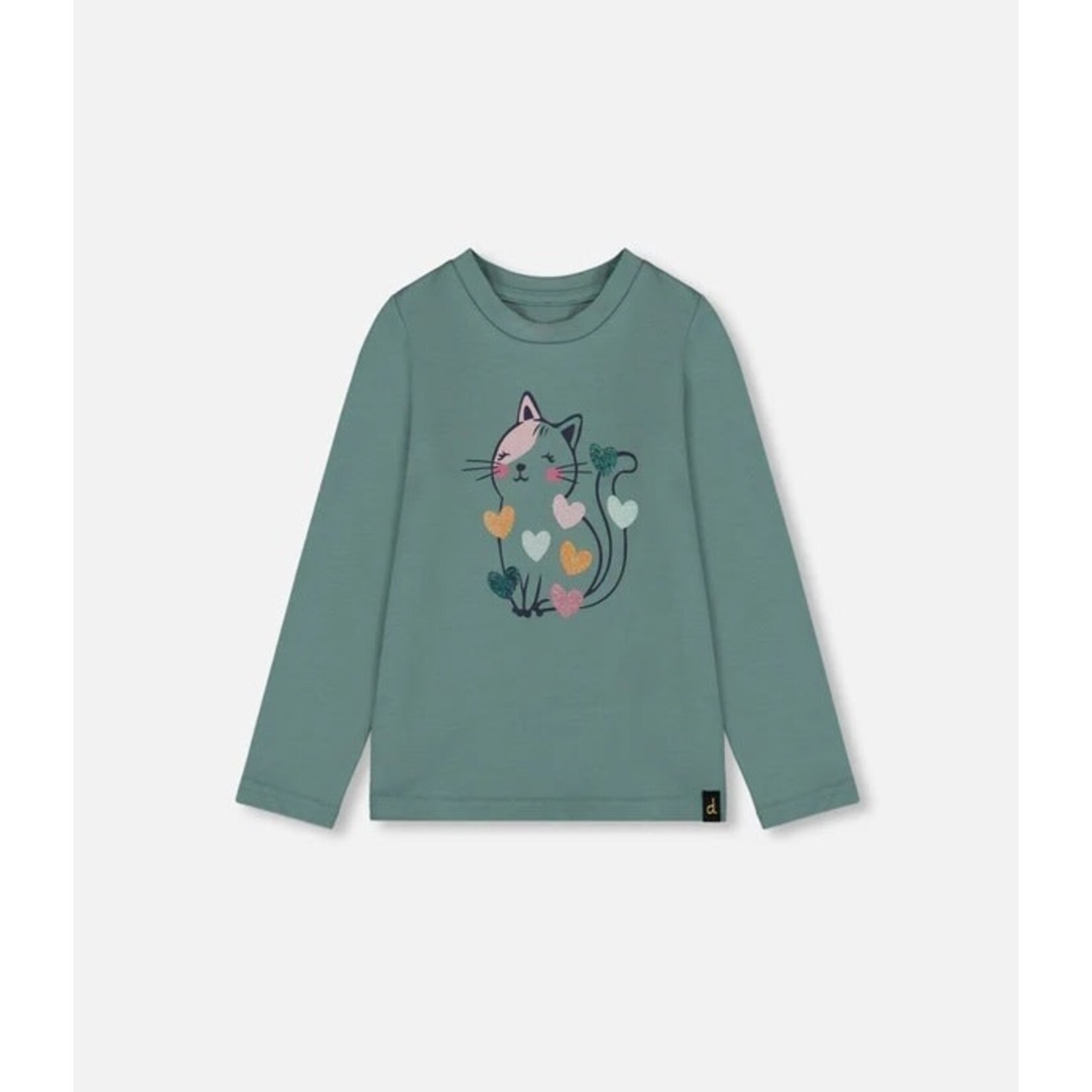 Deux par Deux DEUX PAR DEUX - T-shirt à manches longues sauge avec chat en coton biologique 'Chatouille'