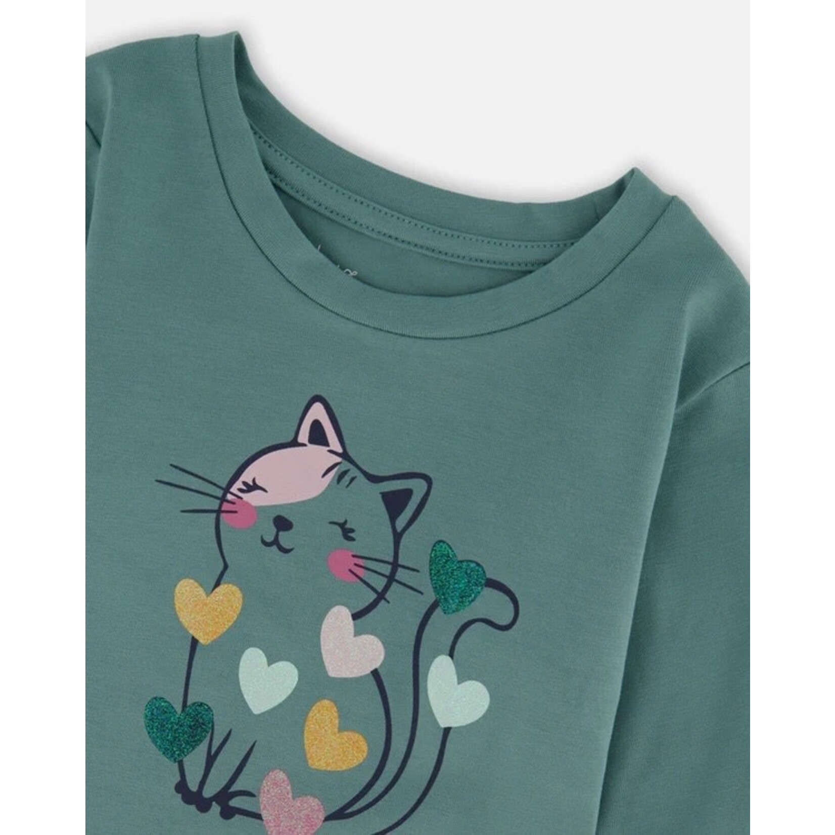 Deux par Deux DEUX PAR DEUX - T-shirt à manches longues sauge avec chat en coton biologique 'Chatouille'