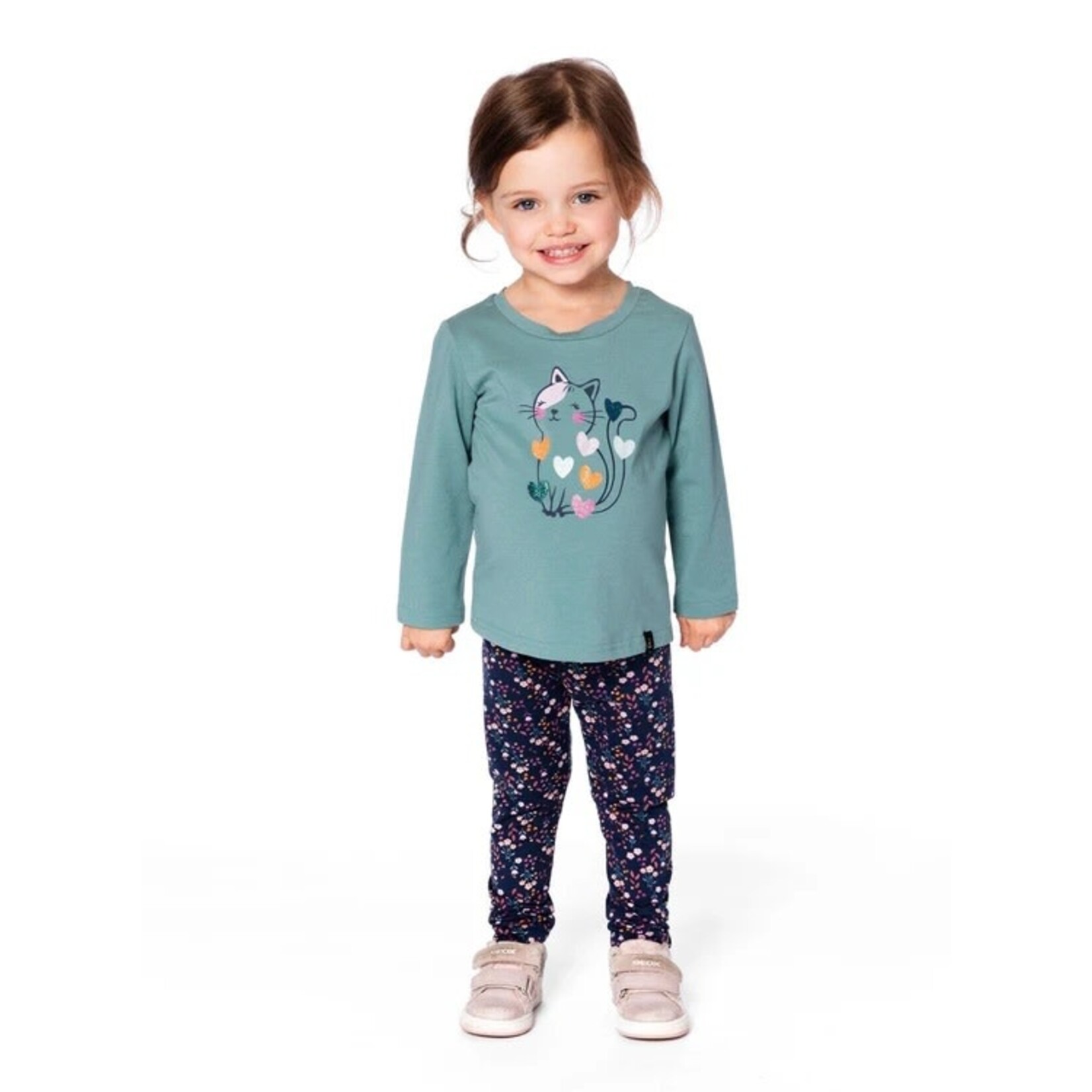 Deux par Deux DEUX PAR DEUX - T-shirt à manches longues sauge avec chat en coton biologique 'Chatouille'