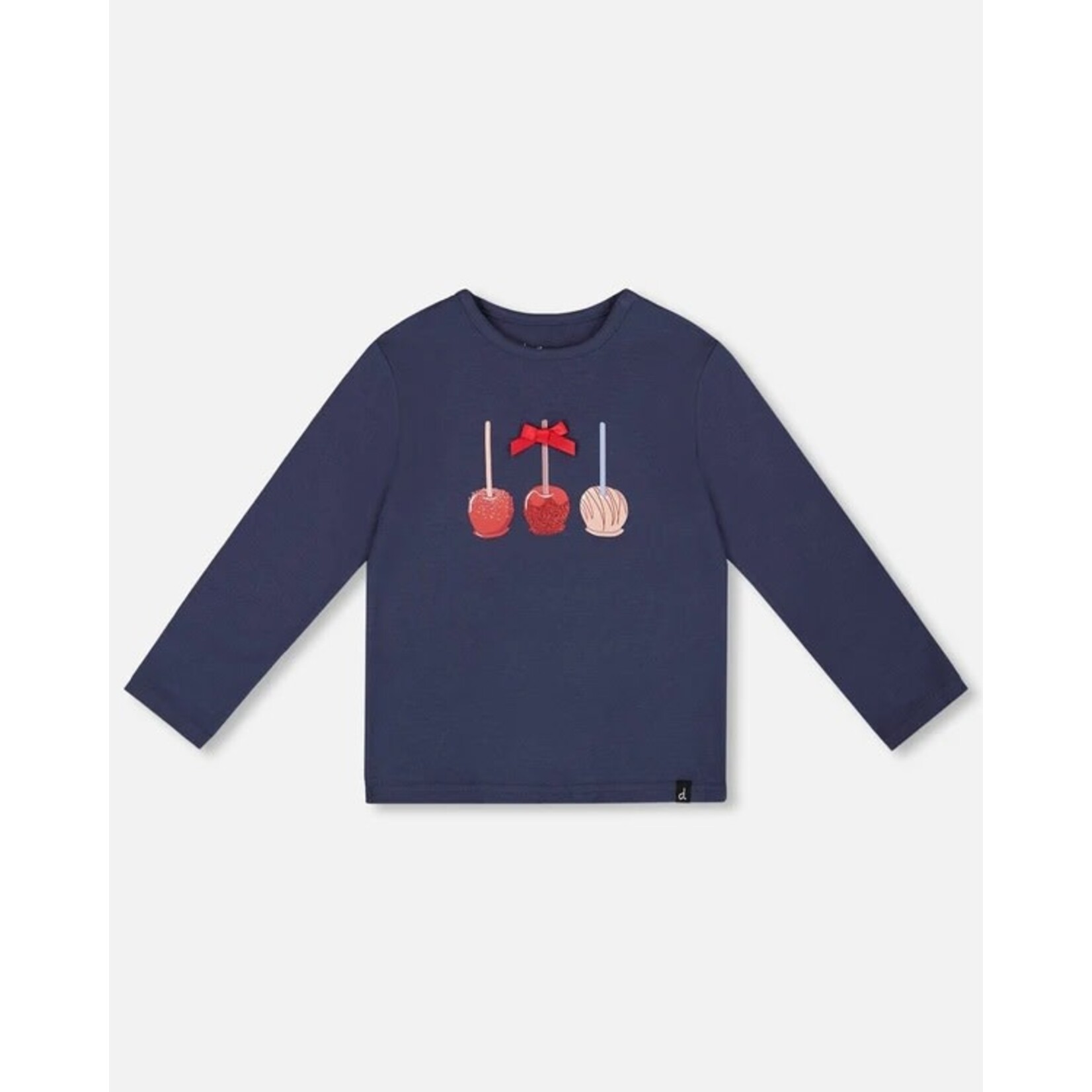 Deux par Deux DEUX PAR DEUX - T-shirt à manches longues en coton biologique bleu marine avec pommes d'amour 'Tarte aux pommes'