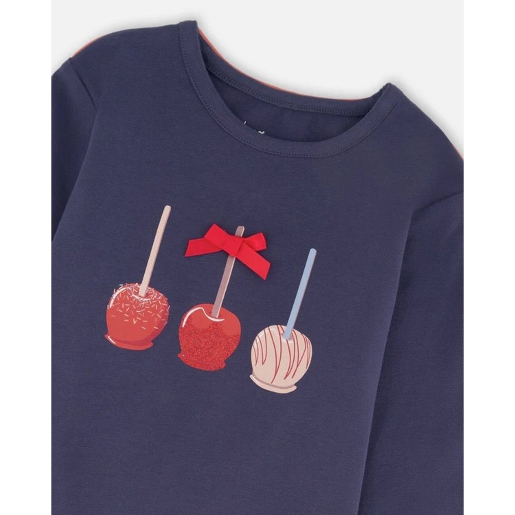Deux par Deux DEUX PAR DEUX - T-shirt à manches longues en coton biologique bleu marine avec pommes d'amour 'Tarte aux pommes'