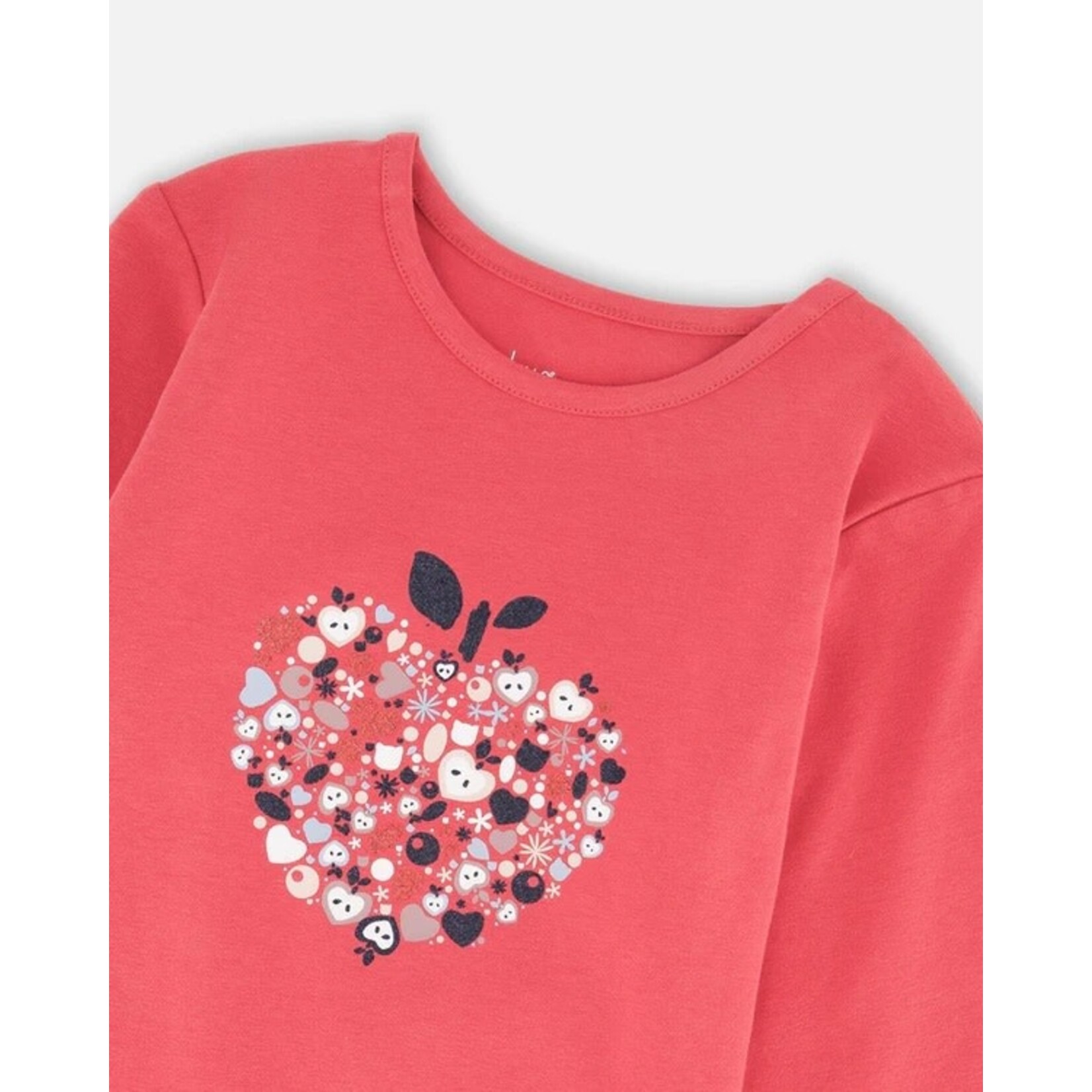 Deux par Deux DEUX PAR DEUX - T-shirt à manches longues en coton biologique rouge avec mini pommes 'Tarte aux pommes'