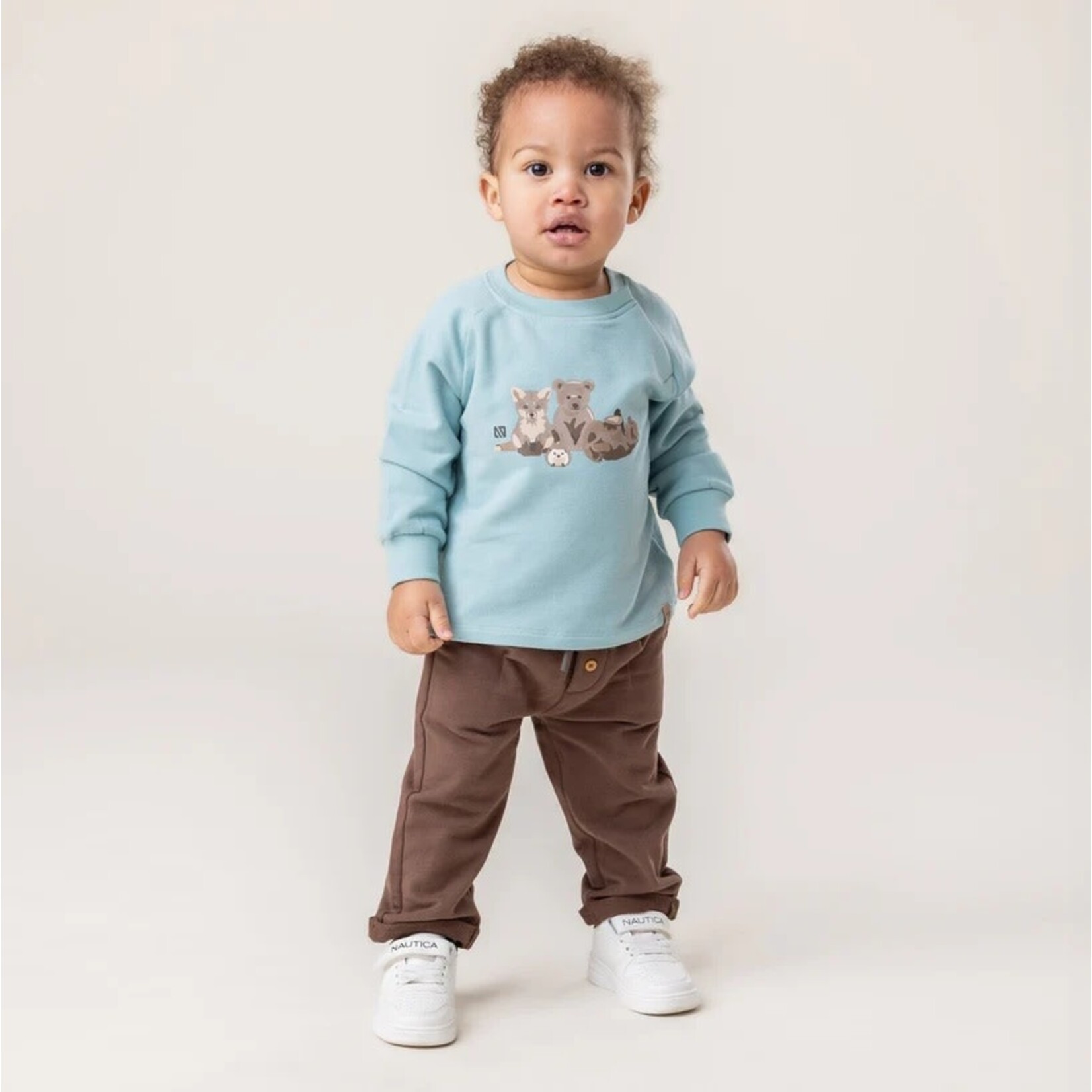 Nanö NANÖ - Ensemble 2 morceaux - Chandail bleu avec motif d'animaux de la forêt et pantalon brun