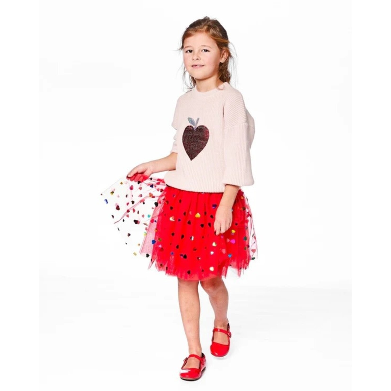 Deux par Deux DEUX PAR DEUX - Jupe en tulle rouge avec confettis de cœurs irisés 'Tarte aux pommes'