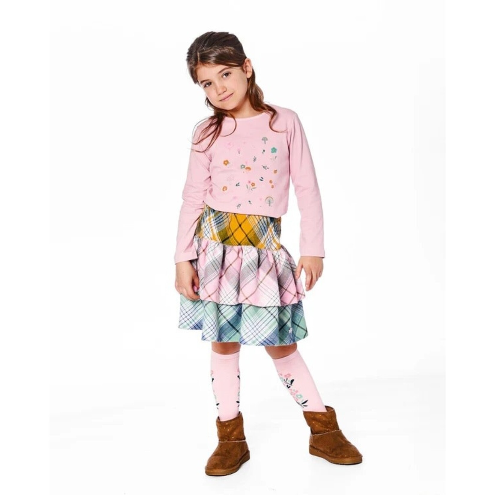 Deux par Deux DEUX PAR DEUX - Two-Tiered Flannel Skirt Green Pink And Yellow 'Chesnuts In The Woods'