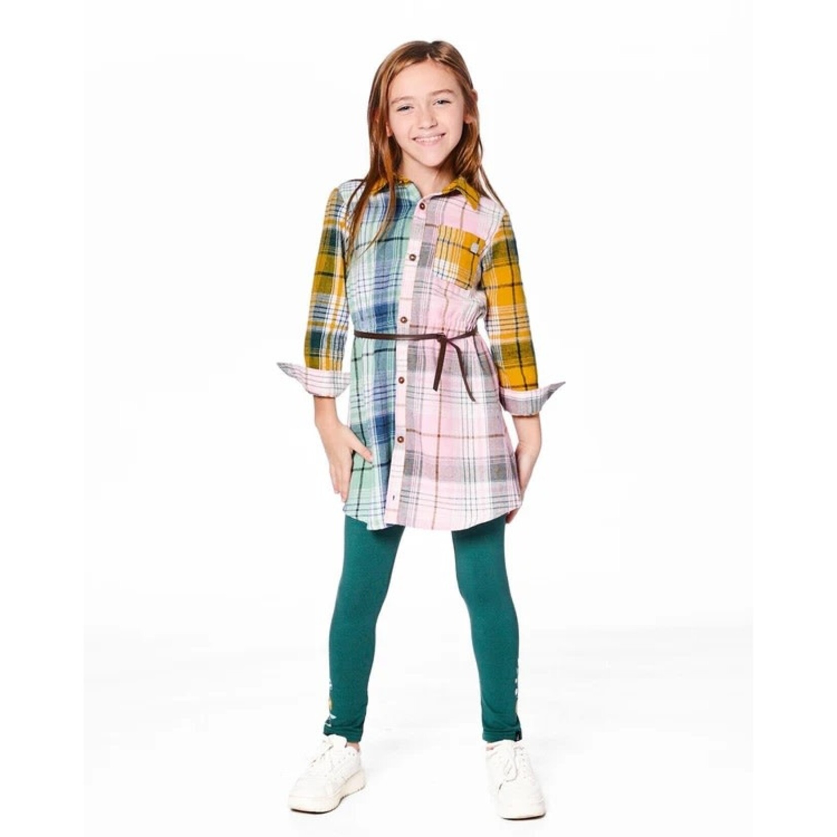 Deux par Deux DEUX PAR DEUX - Shirt Dress With Belt Green Pink And Yellow 'Chesnuts In The Woods'