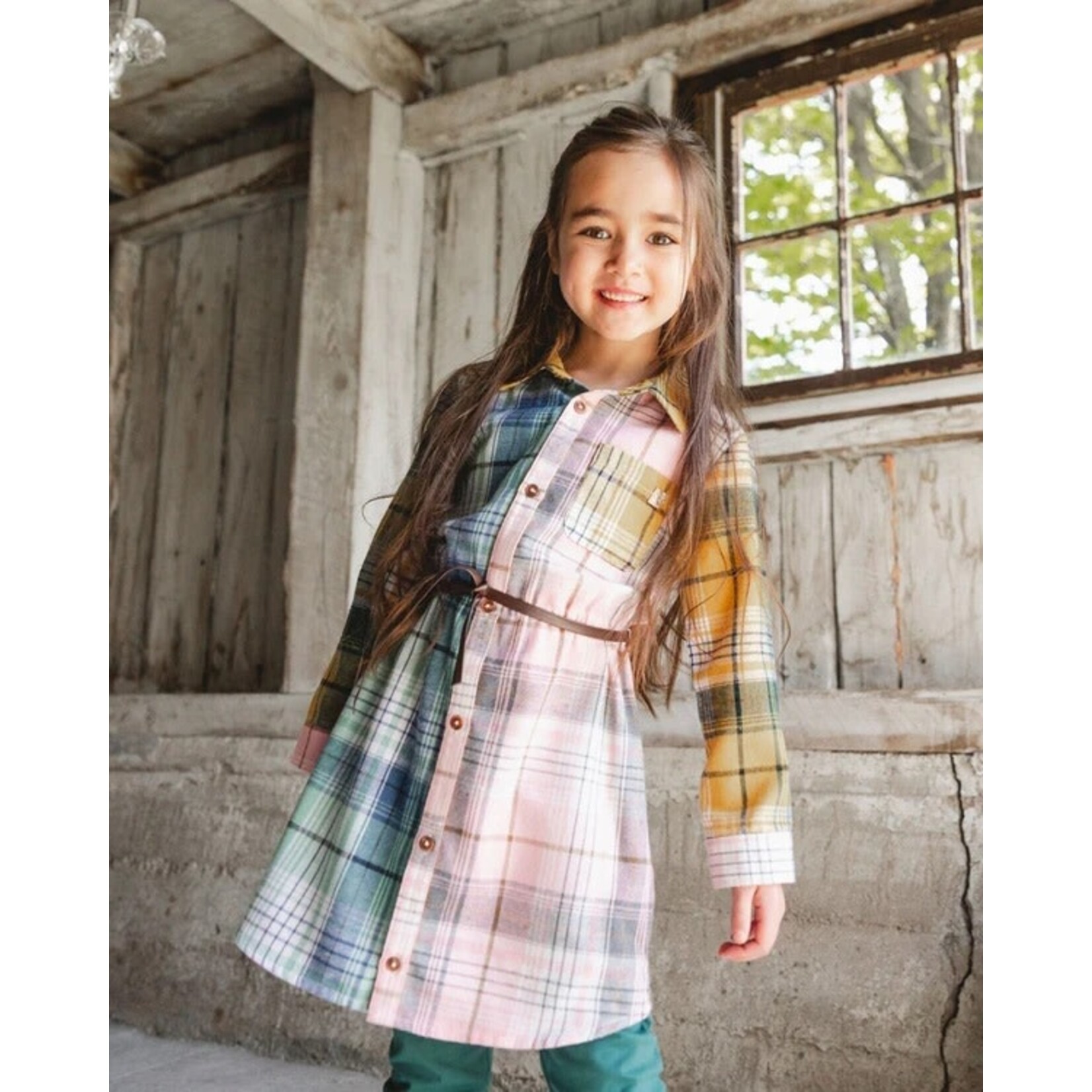 Deux par Deux DEUX PAR DEUX - Shirt Dress With Belt Green Pink And Yellow 'Chesnuts In The Woods'