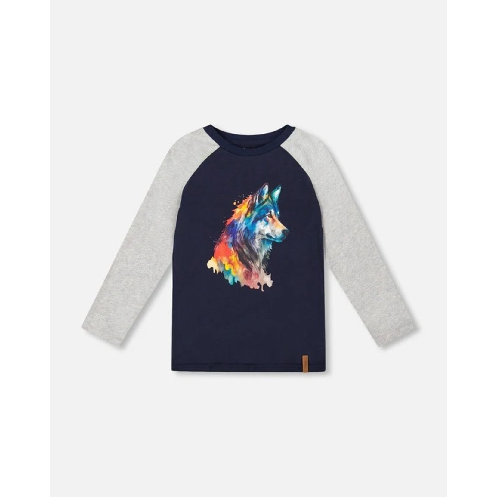 Deux par Deux DEUX PAR DEUX- T-shirt en jersey à manches longues raglan bleu marine imprimé de loup coloré 'B.O.Y.S'