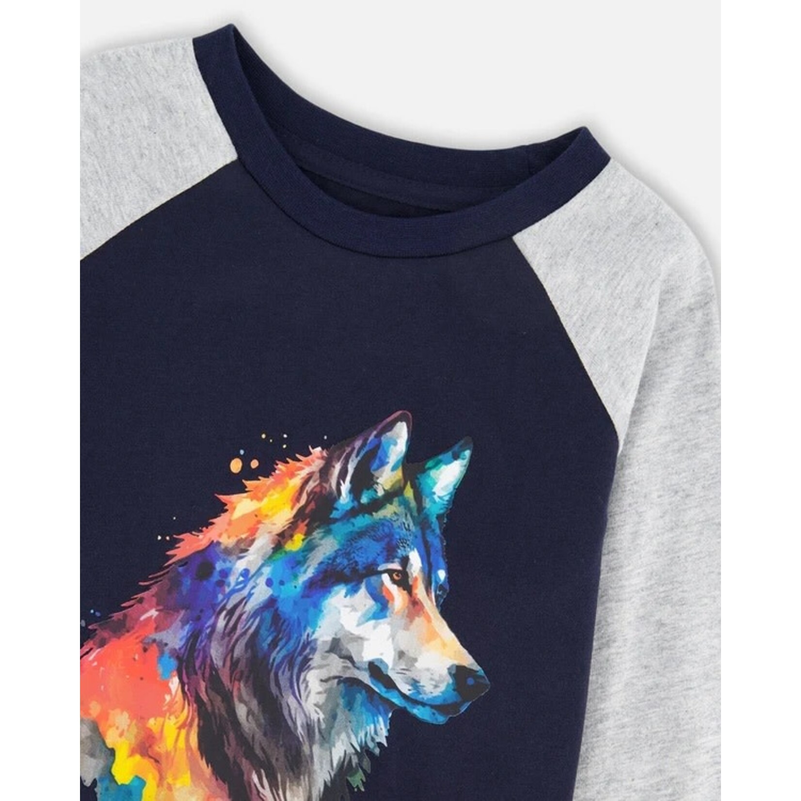 Deux par Deux DEUX PAR DEUX- T-shirt en jersey à manches longues raglan bleu marine imprimé de loup coloré 'B.O.Y.S'