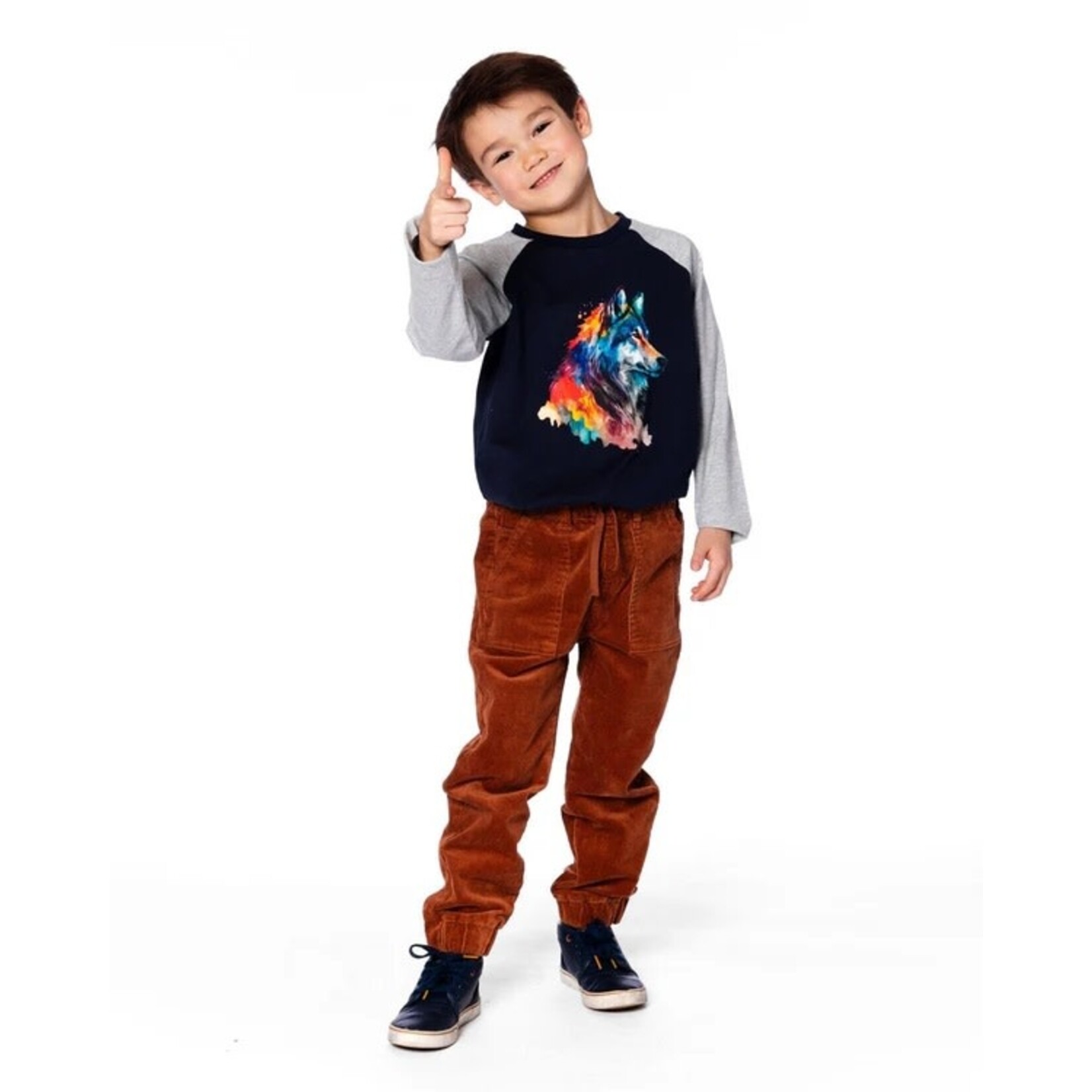 Deux par Deux DEUX PAR DEUX- T-shirt en jersey à manches longues raglan bleu marine imprimé de loup coloré 'B.O.Y.S'