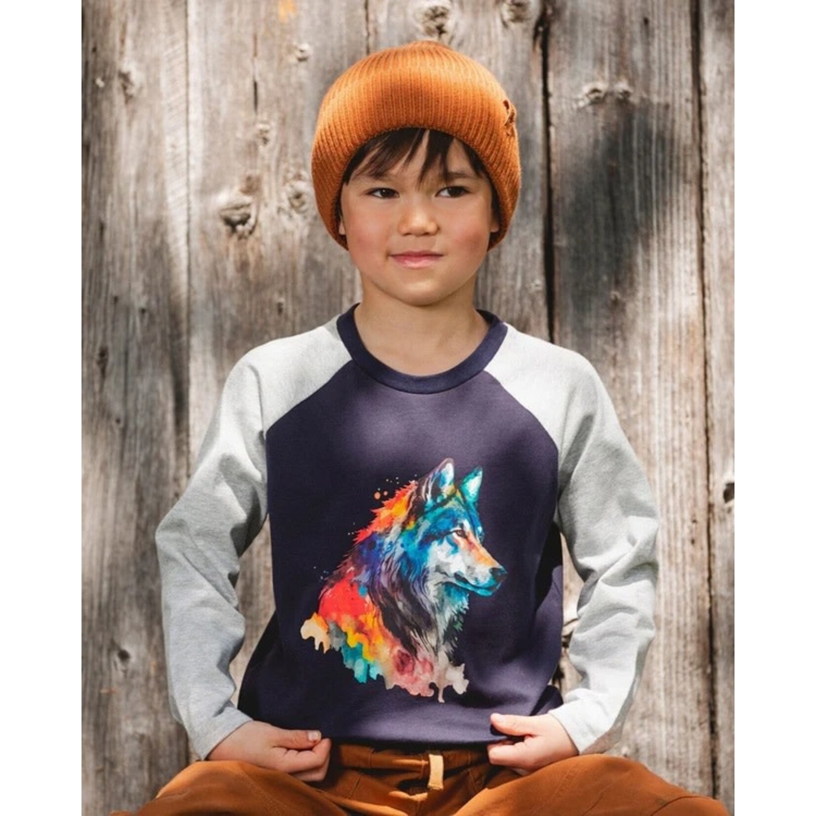 Deux par Deux DEUX PAR DEUX- T-shirt en jersey à manches longues raglan bleu marine imprimé de loup coloré 'B.O.Y.S'