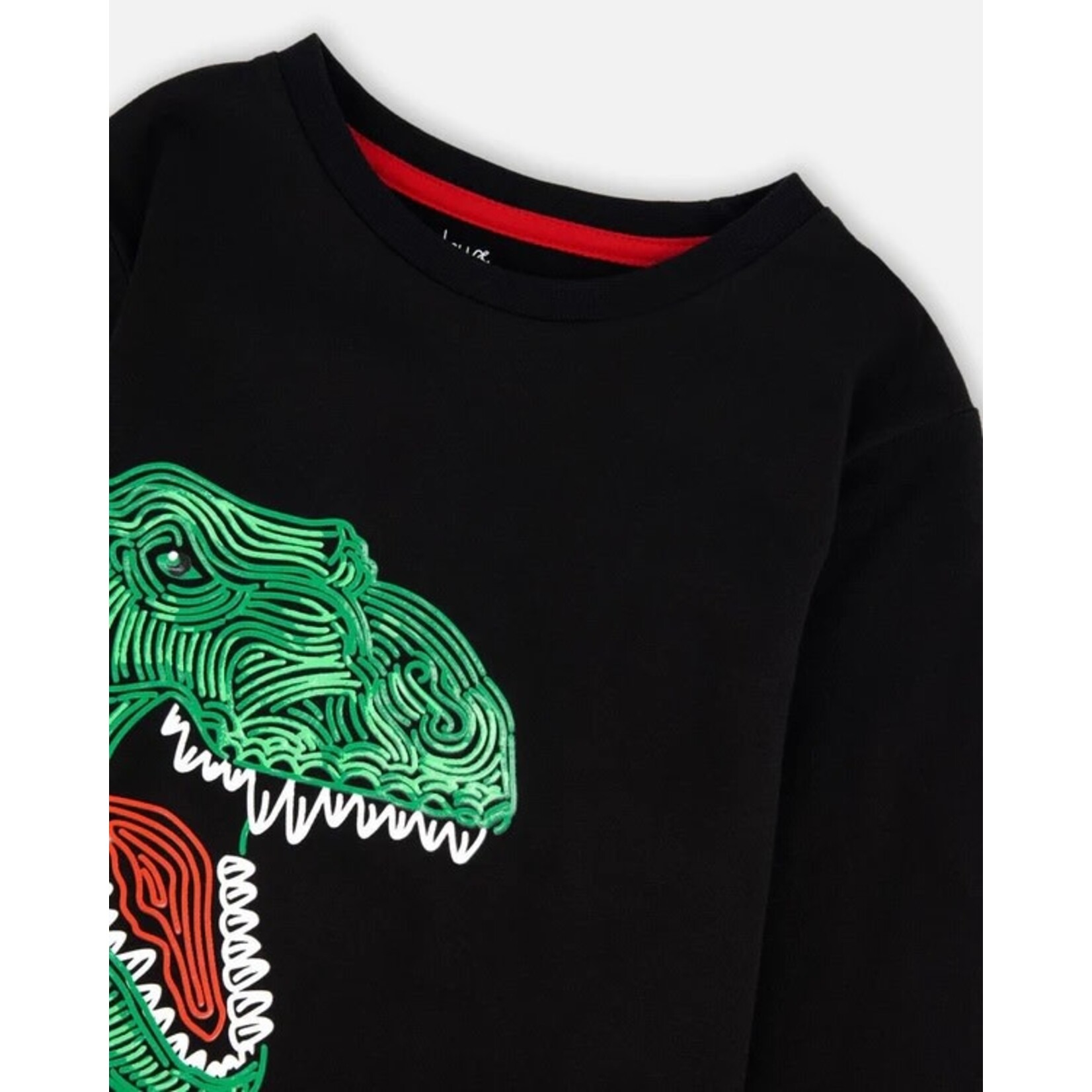 Deux par Deux DEUX PAR DEUX- T-shirt à manches longues en jersey gris foncé imprimé de dinosaure vert 'B.O.Y.S'