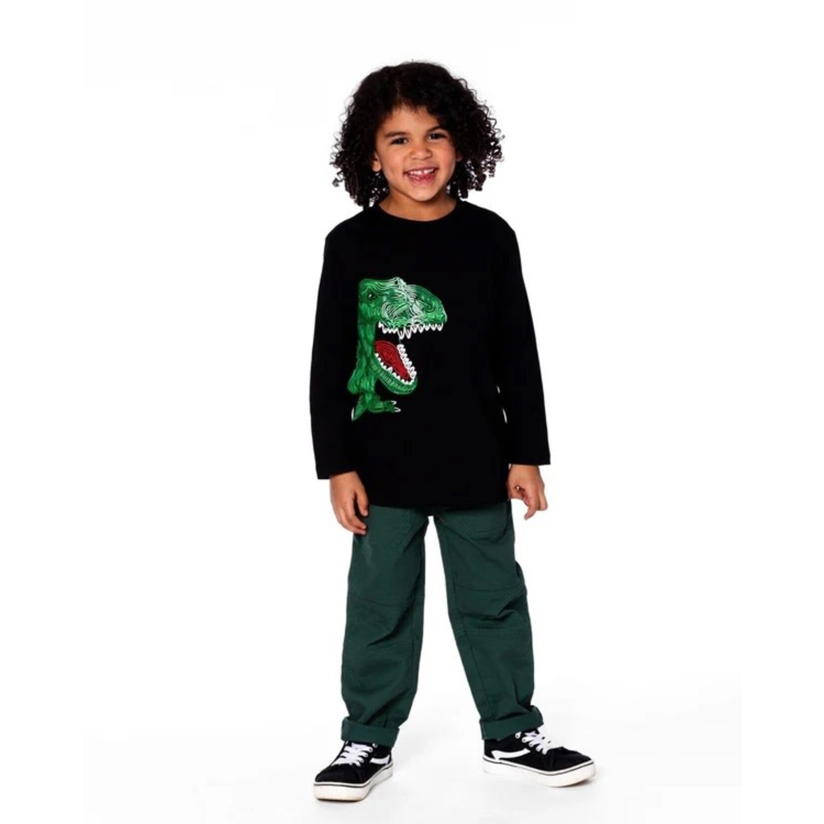 Deux par Deux DEUX PAR DEUX- T-shirt à manches longues en jersey gris foncé imprimé de dinosaure vert 'B.O.Y.S'