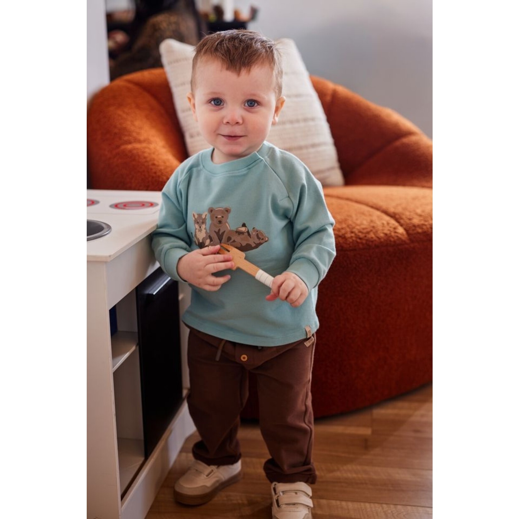 Nanö NANÖ - Ensemble 2 morceaux - Chandail bleu avec motif d'animaux de la forêt et pantalon brun
