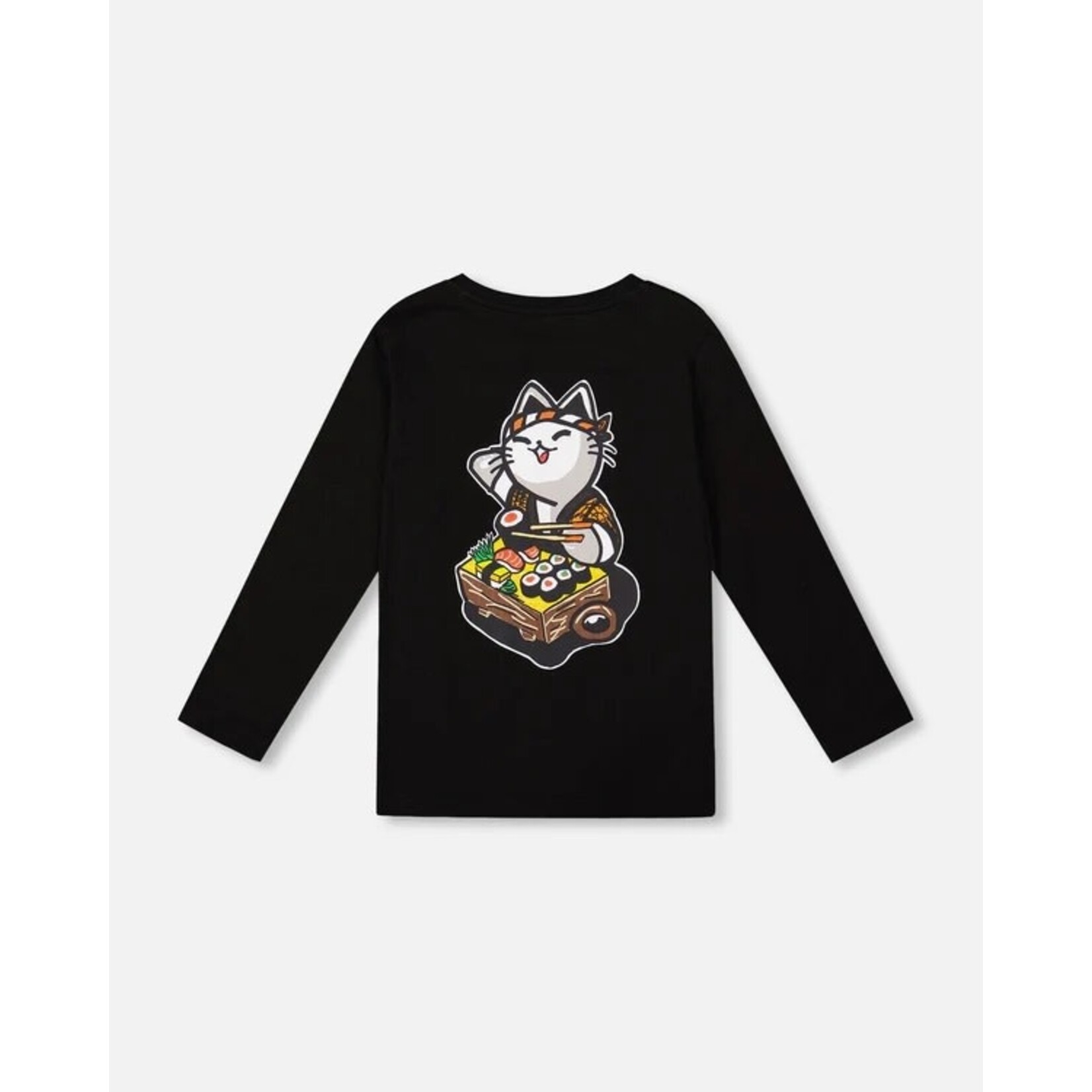 Deux par Deux DEUX PAR DEUX- T-shirt à manches longues en jersey noir imprimé chat et sushis 'B.O.Y.S'