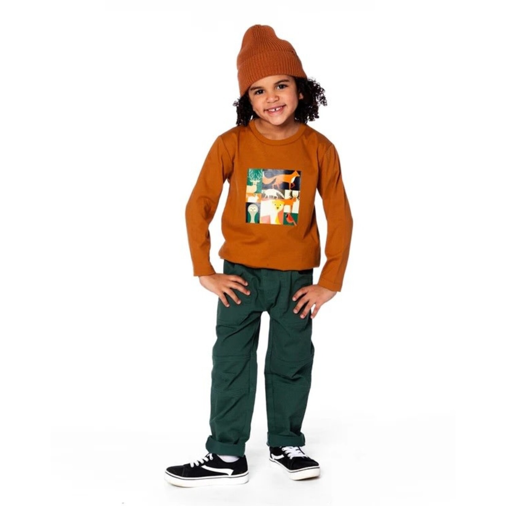 Deux par Deux DEUX PAR DEUX- Longsleeve Cotton Jersey T-Shirt Orange Brown with forest animal collage 'B.O.Y.S'