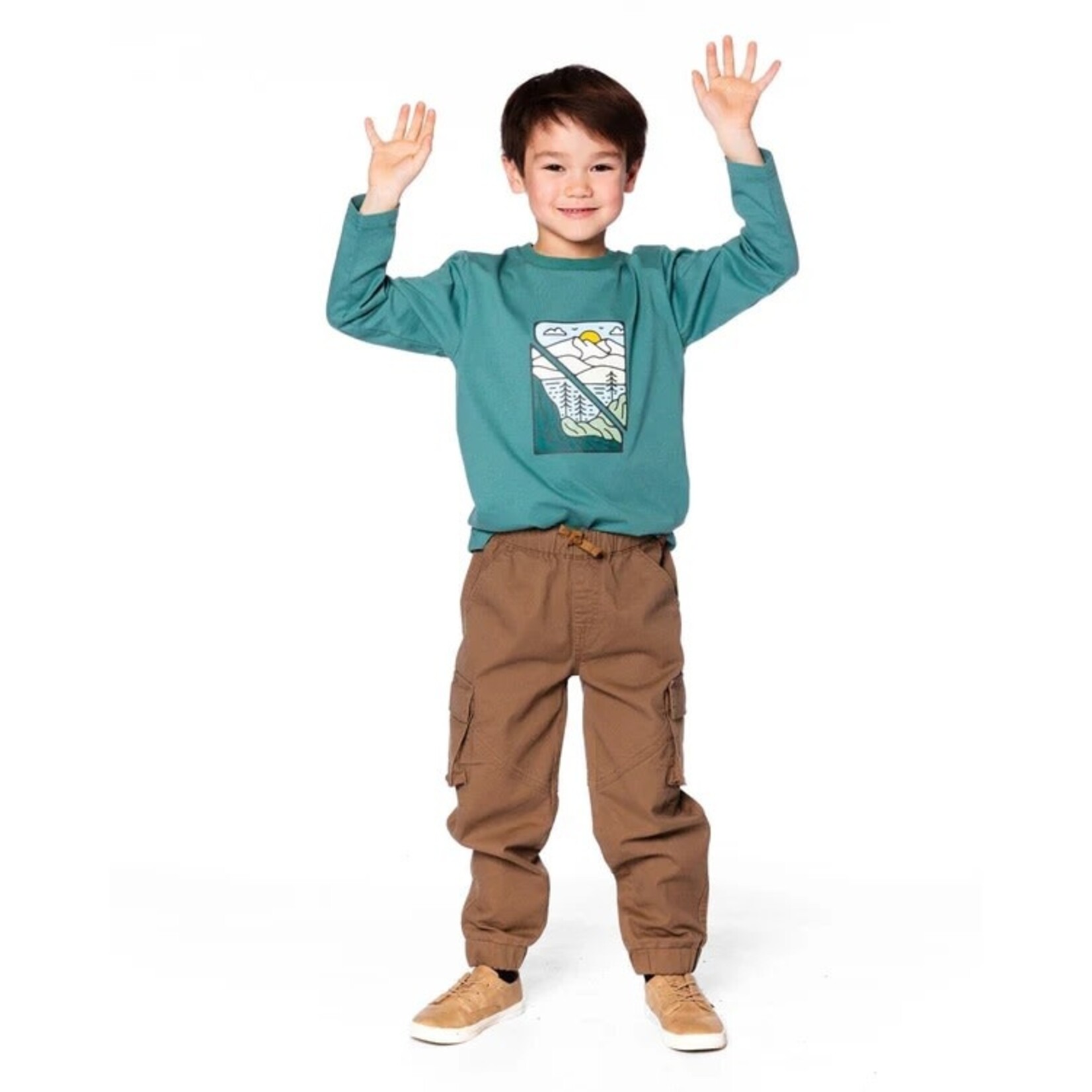 Deux par Deux DEUX PAR DEUX- Longsleeve Cotton Jersey T-Shirt Sage Green with Moutain and Lake print 'B.O.Y.S'