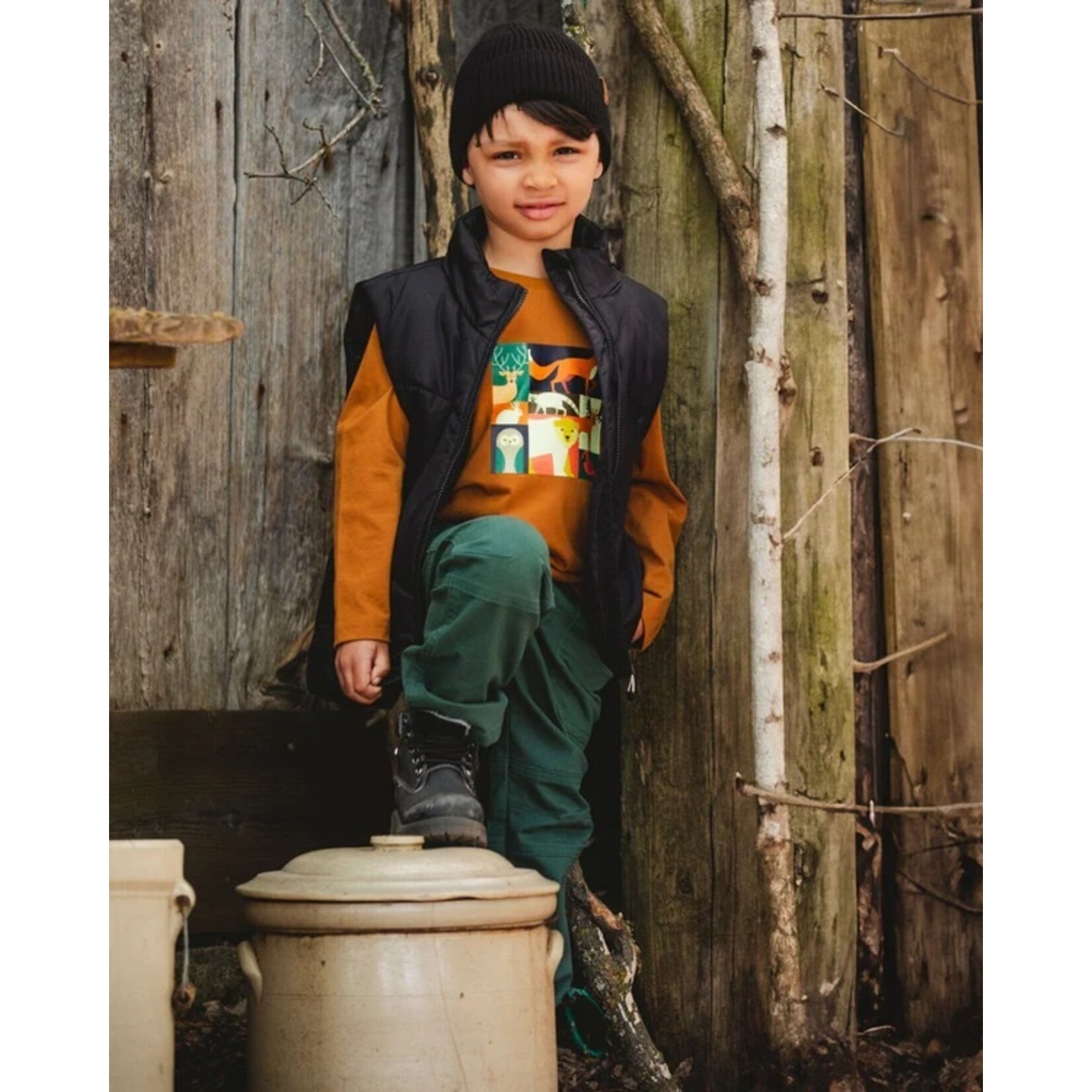 Deux par Deux DEUX PAR DEUX- Longsleeve Cotton Jersey T-Shirt Orange Brown with forest animal collage 'B.O.Y.S'