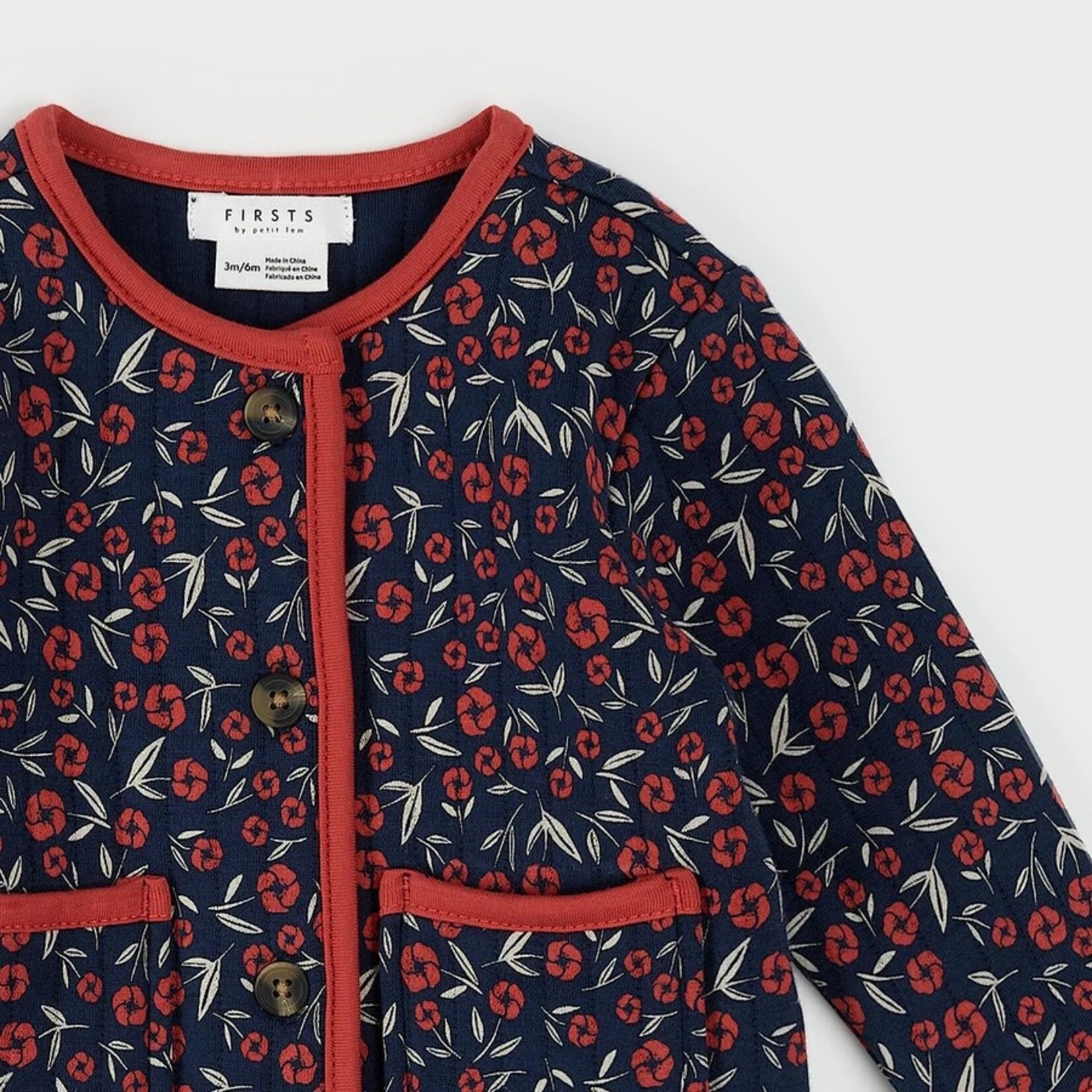 Petit Lem PETIT LEM - Cardigan matelassé bleu marine à imprimé floral coquelicot
