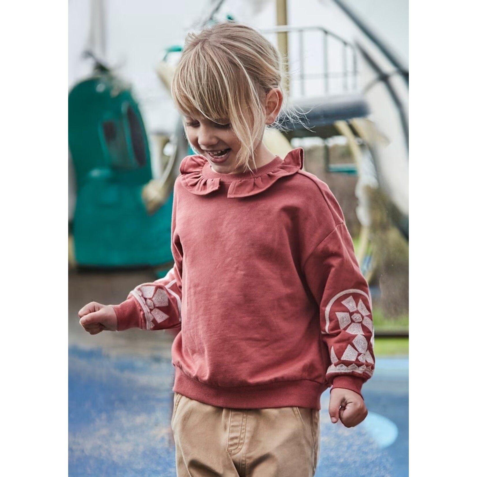 Mayoral MAYORAL - Terracotta orange sweater with ruffled collar and embroidery on the sleeves