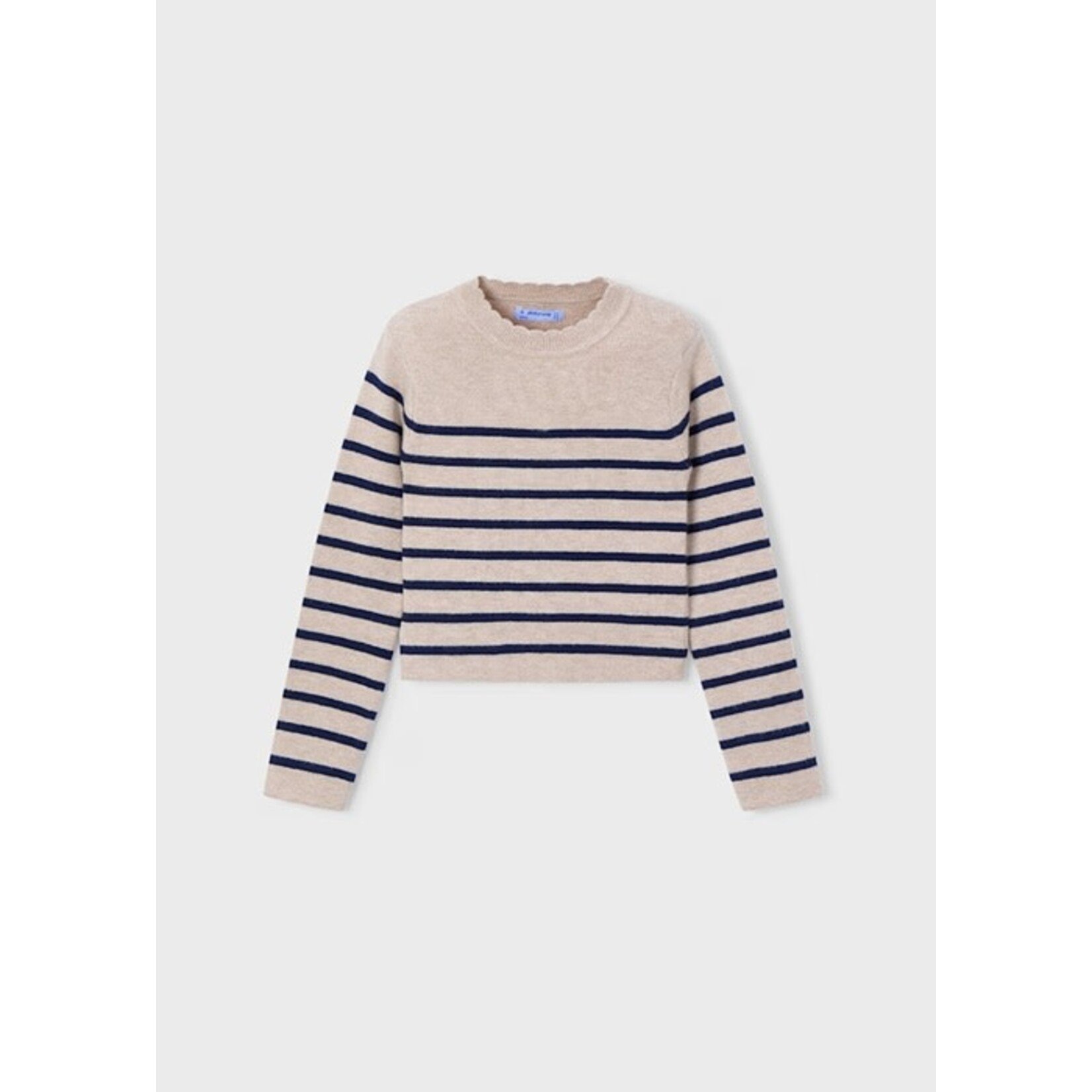 Mayoral MAYORAL - Beige long-sleeved knitted sweater with navy blue stripes