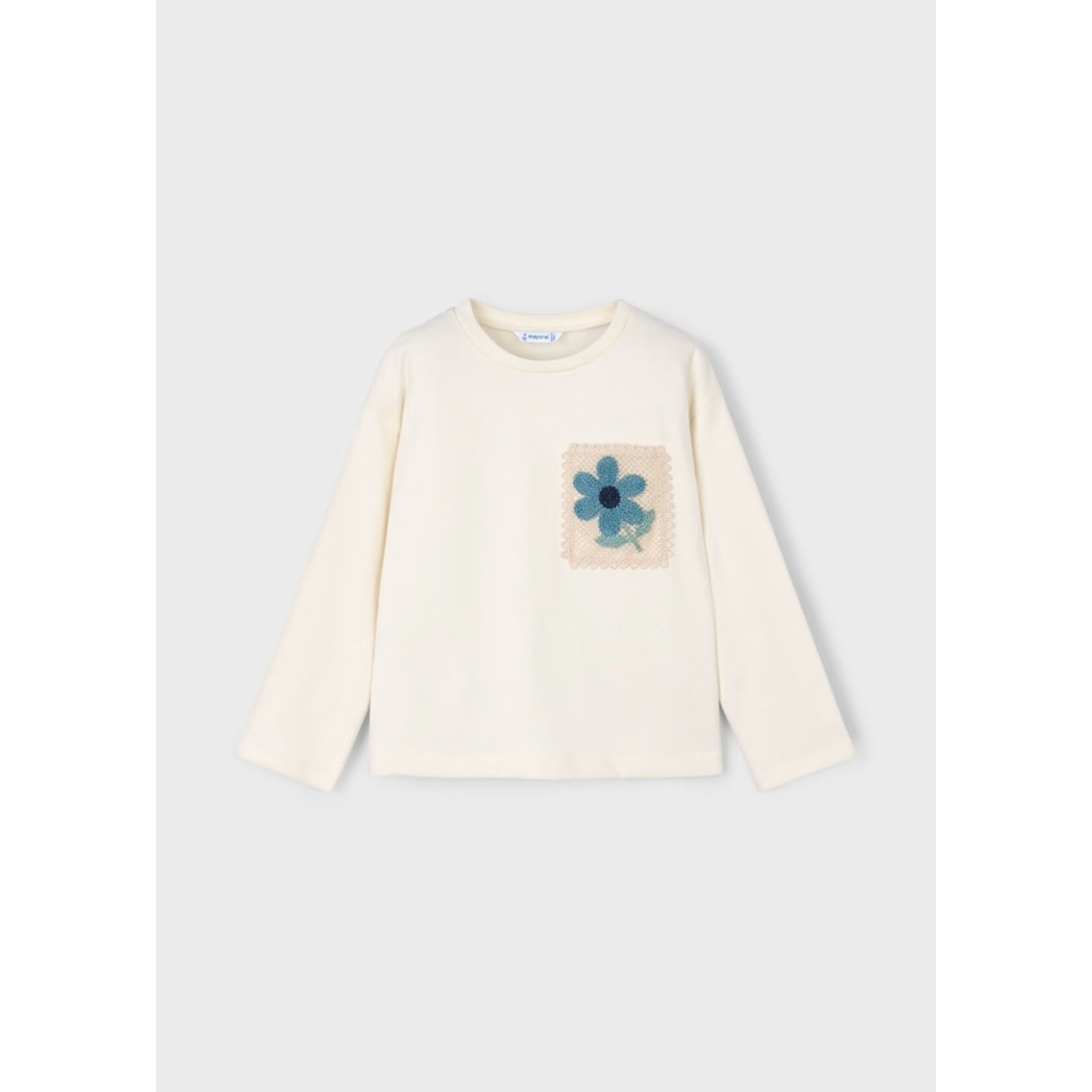 Mayoral MAYORAL - Cream white long sleeve t-shirt with flower embroidery pocket
