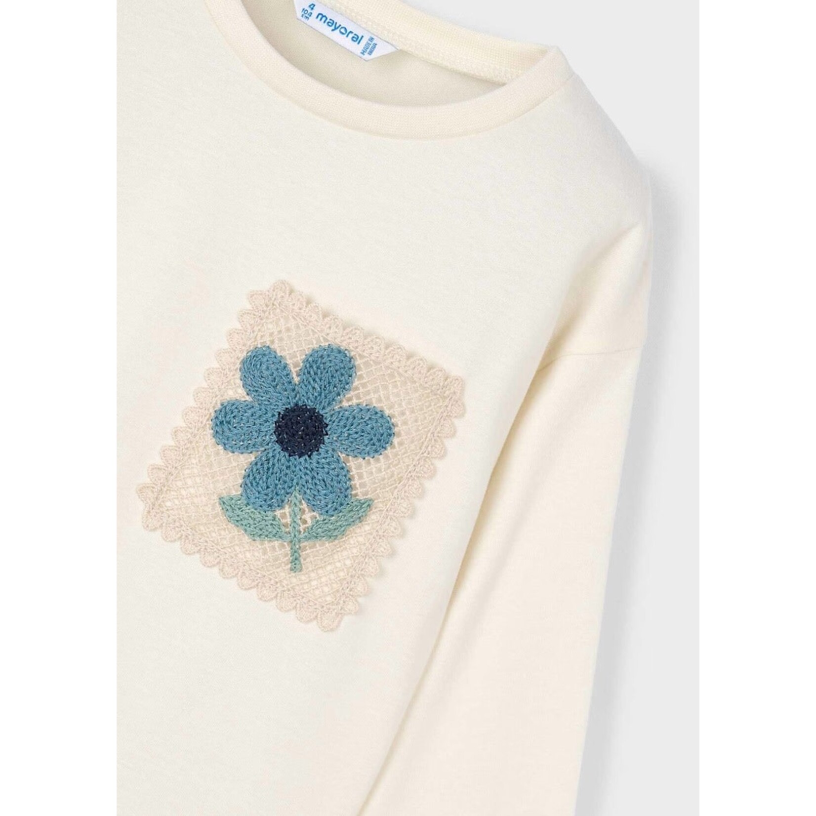 Mayoral MAYORAL - Cream white long sleeve t-shirt with flower embroidery pocket